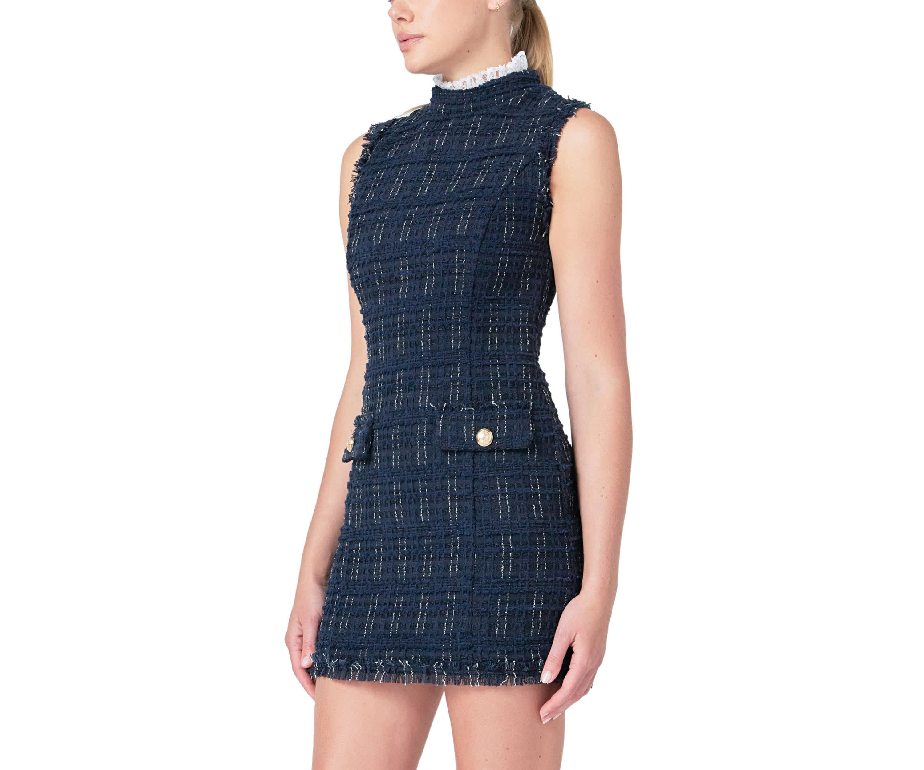 Lace Detail Tweed Mini Dress