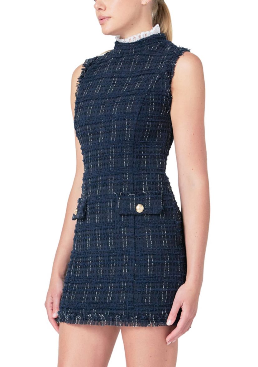 Lace Detail Tweed Mini Dress