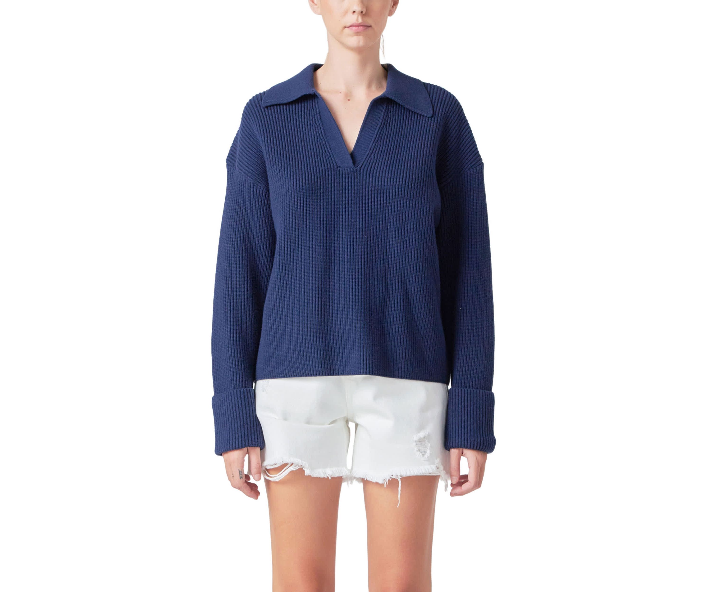 Collar V neck Knit Top