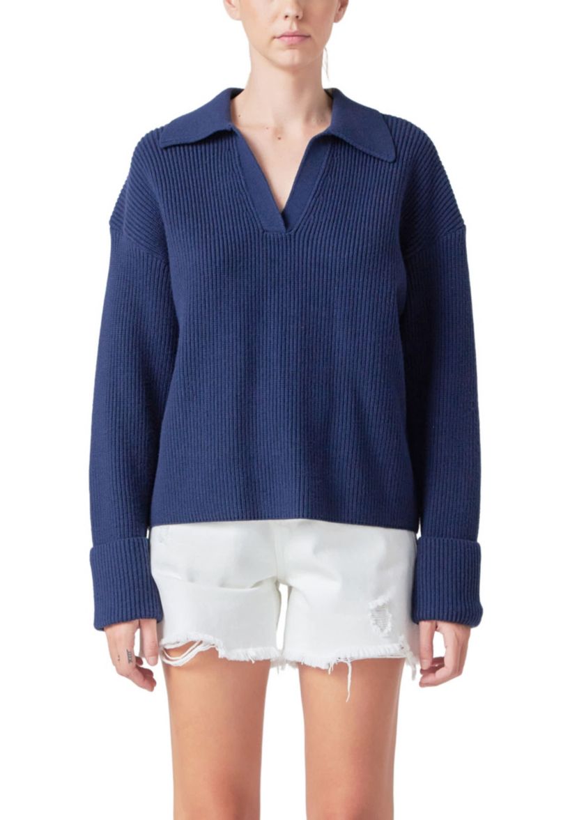 Collar V neck Knit Top