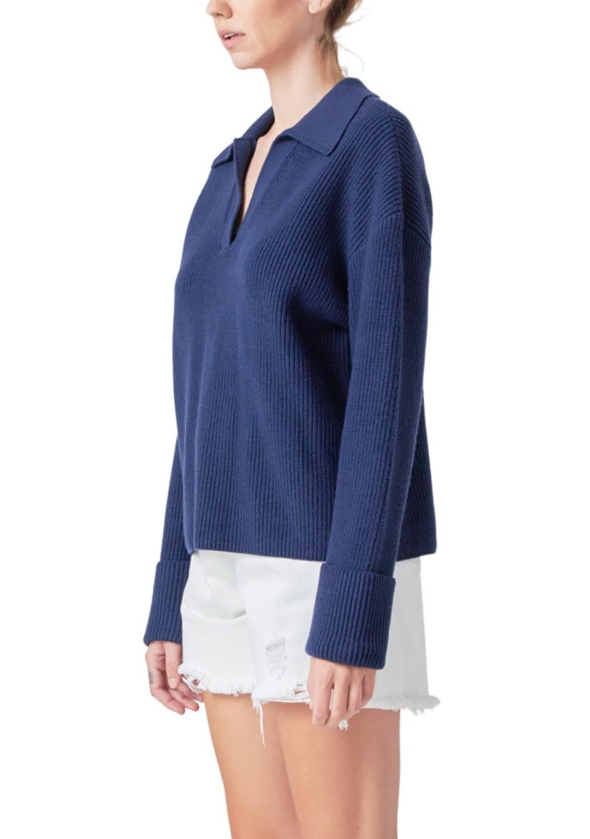 Collar V neck Knit Top