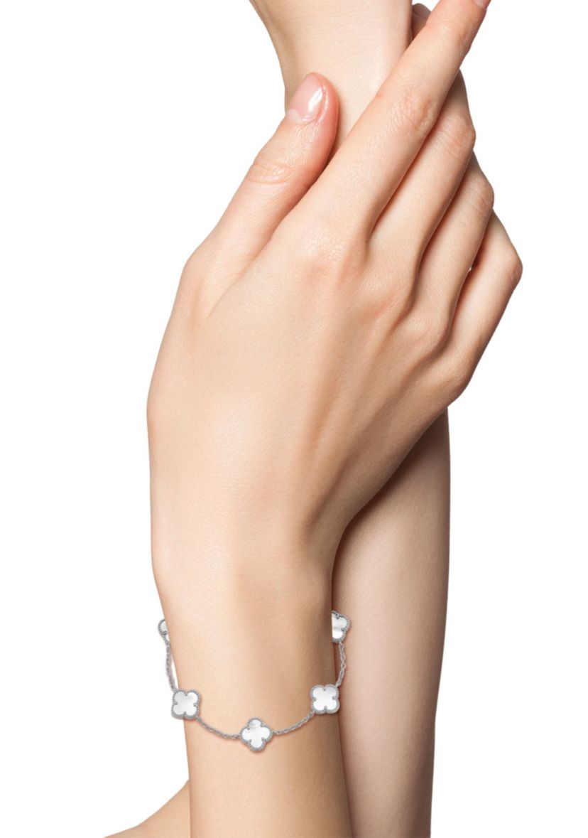 Sterling Silver Mother of Pearl Clover Station Bracelet