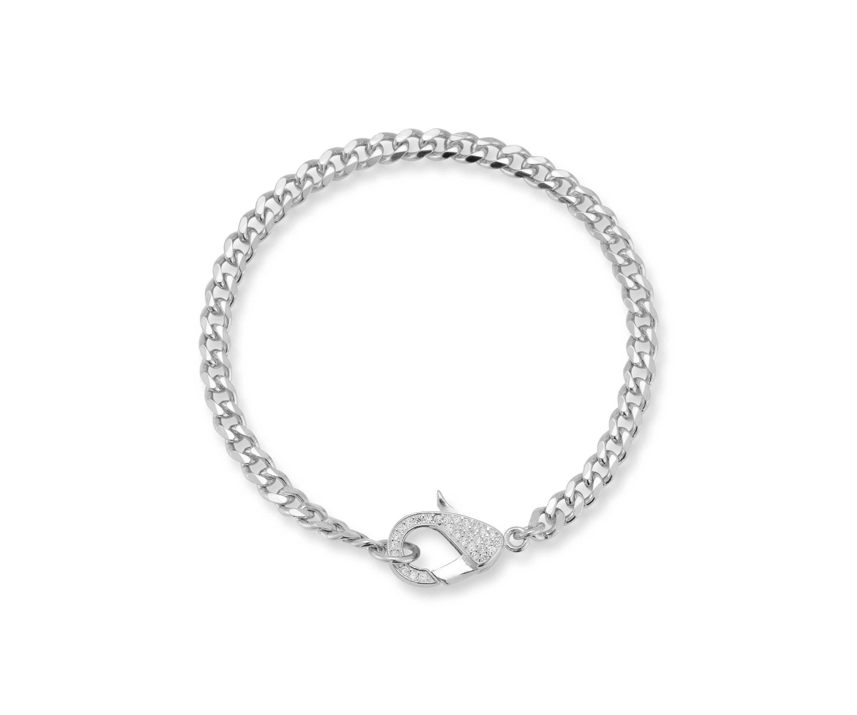 Sterling Silver Pave Lobster Claw Curb Chain Bracelet