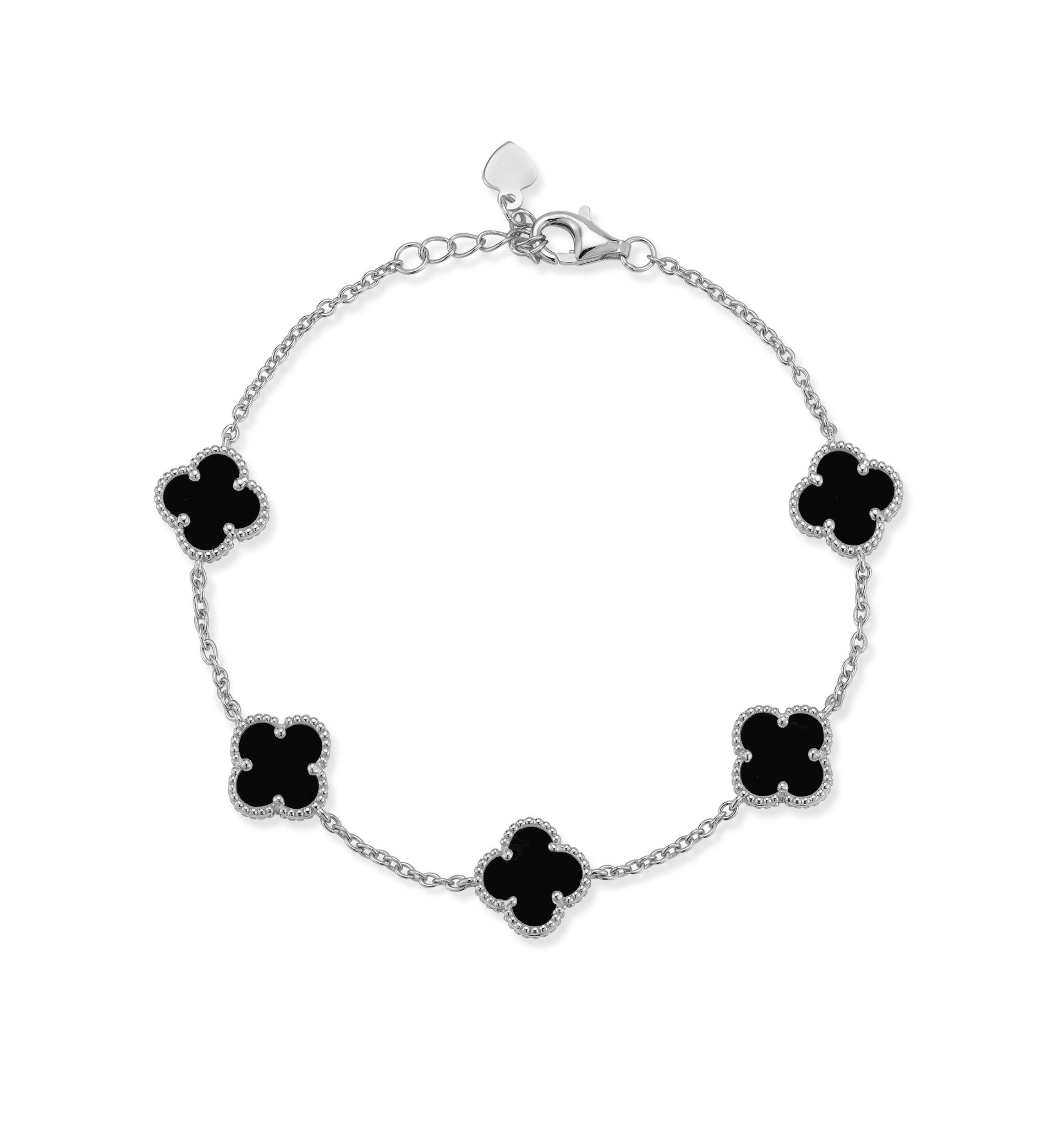 Sterling Silver Black Agate Clover Station Bracelet