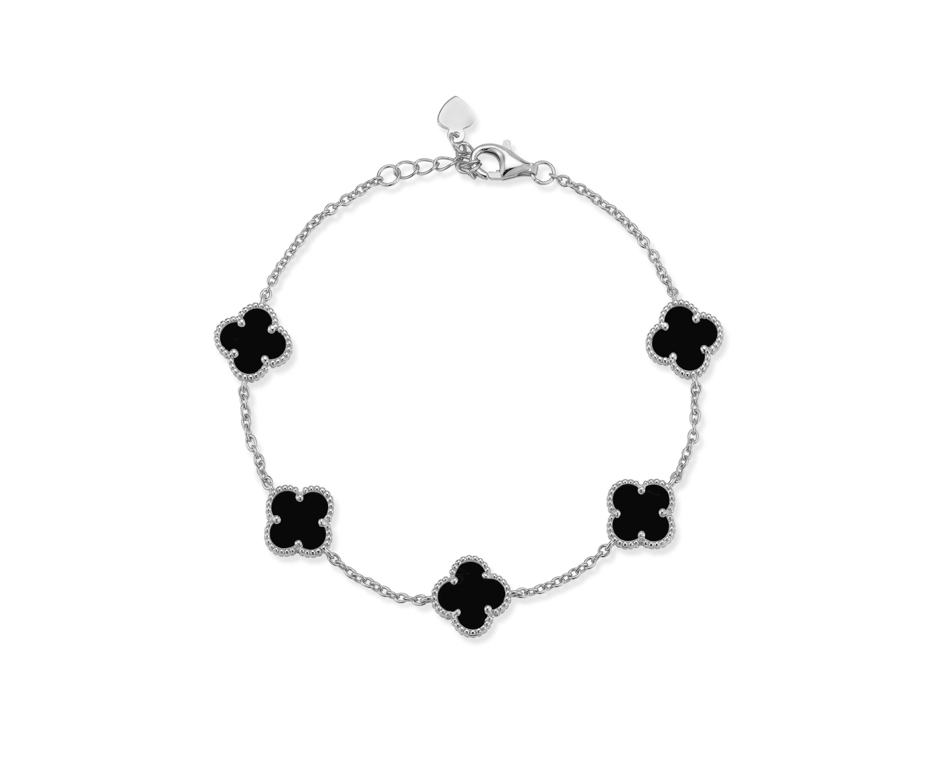 Sterling Silver Black Agate Clover Station Bracelet