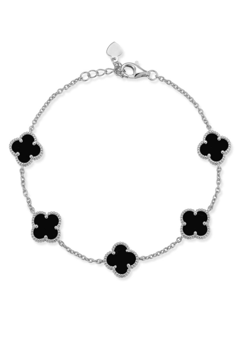 Sterling Silver Black Agate Clover Station Bracelet