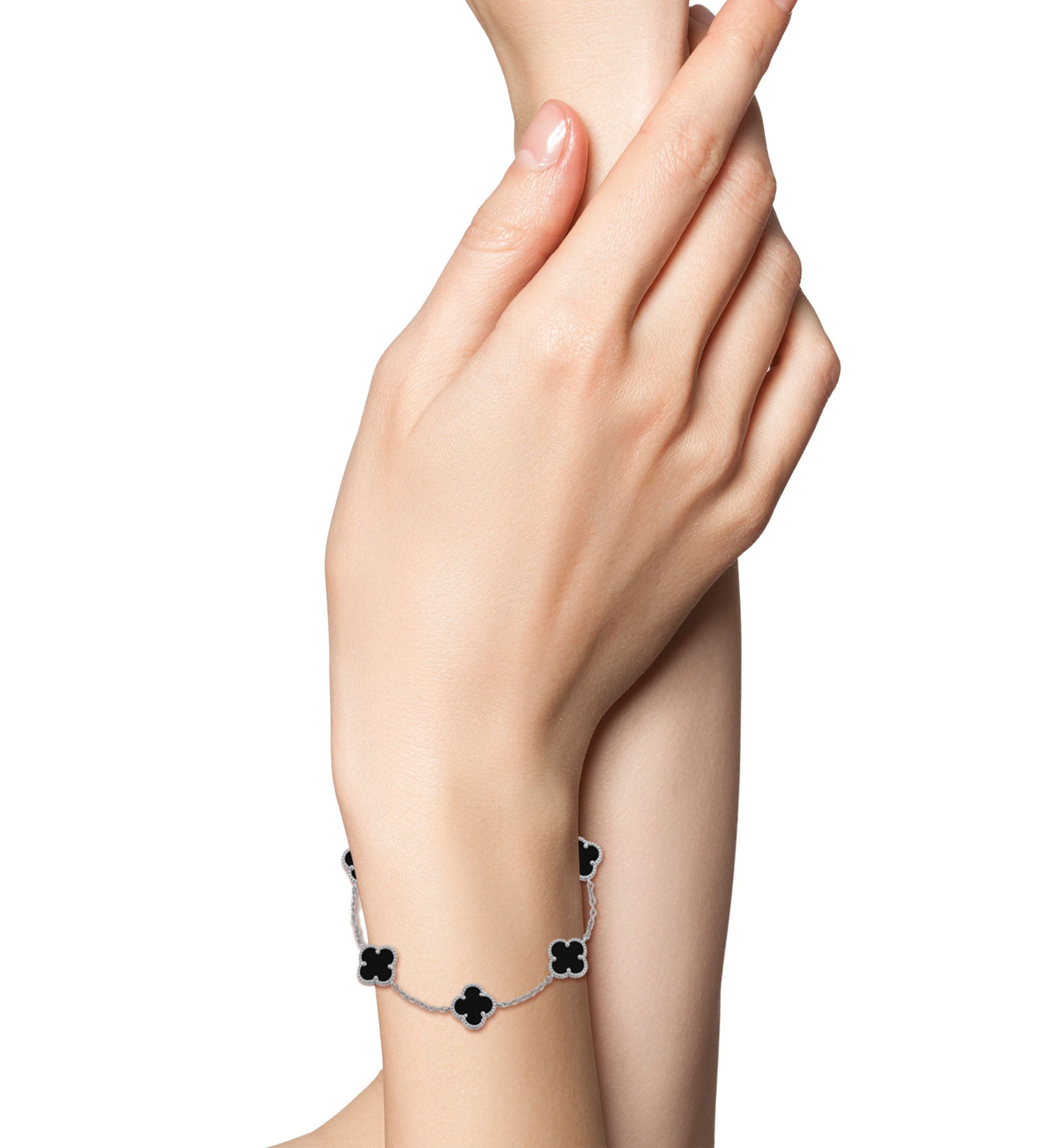 Sterling Silver Black Agate Clover Station Bracelet