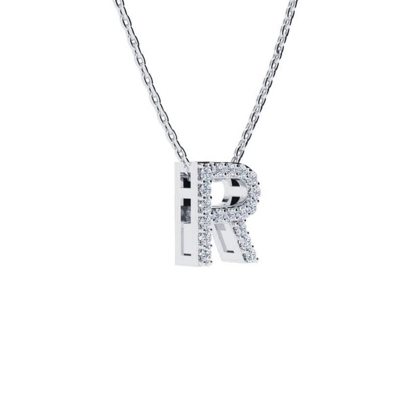 Lab Created Block Initial Lab Grown Diamond Necklace In Sterling Silver With 18 Inch Chain, All Letters Available