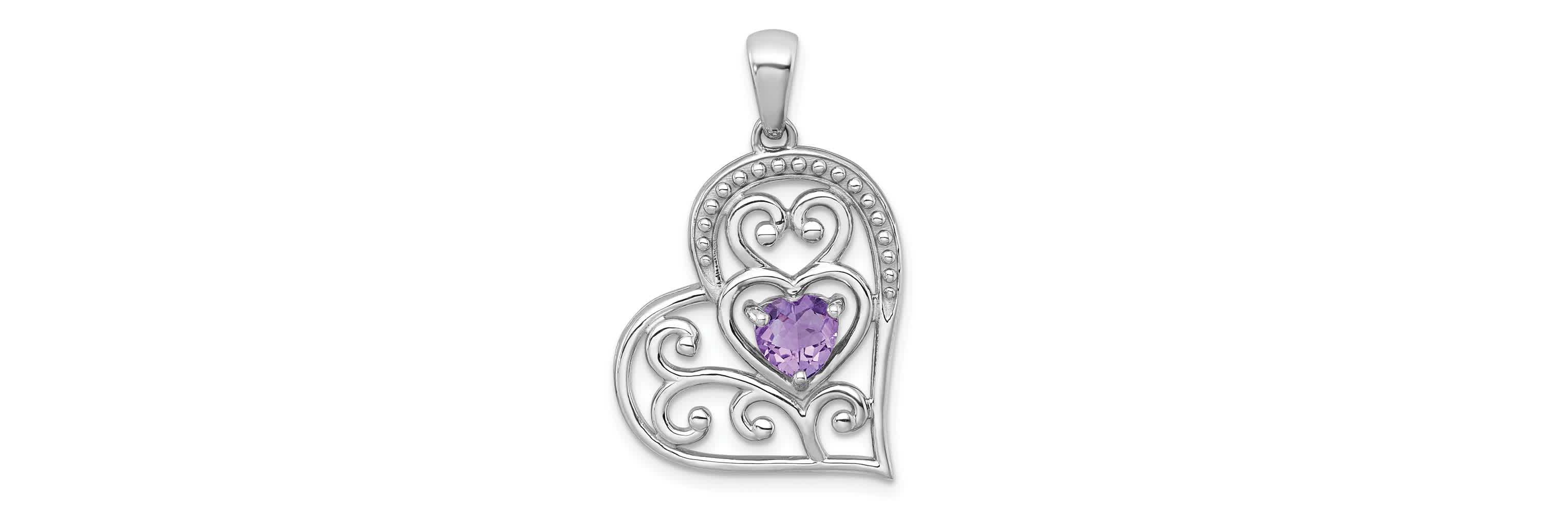 5/8 ct. t.w. Amethyst Polished and Beaded Open Heart Pendant in Rhodium-plated Sterling Silver