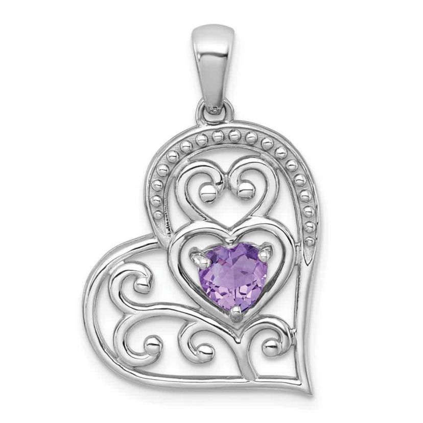 5/8 ct. t.w. Amethyst Polished and Beaded Open Heart Pendant in Rhodium-plated Sterling Silver