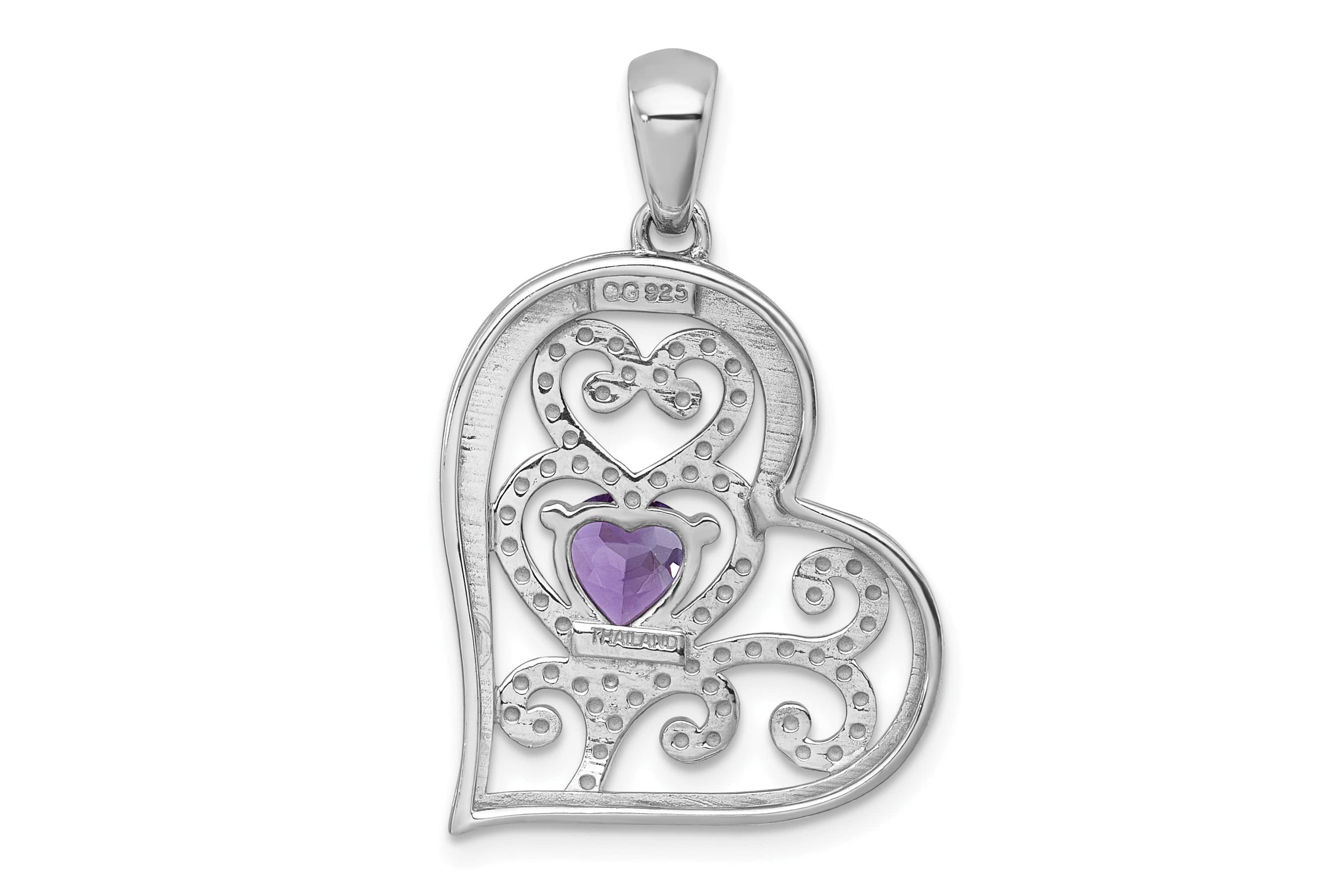 5/8 ct. t.w. Amethyst Polished and Beaded Open Heart Pendant in Rhodium-plated Sterling Silver