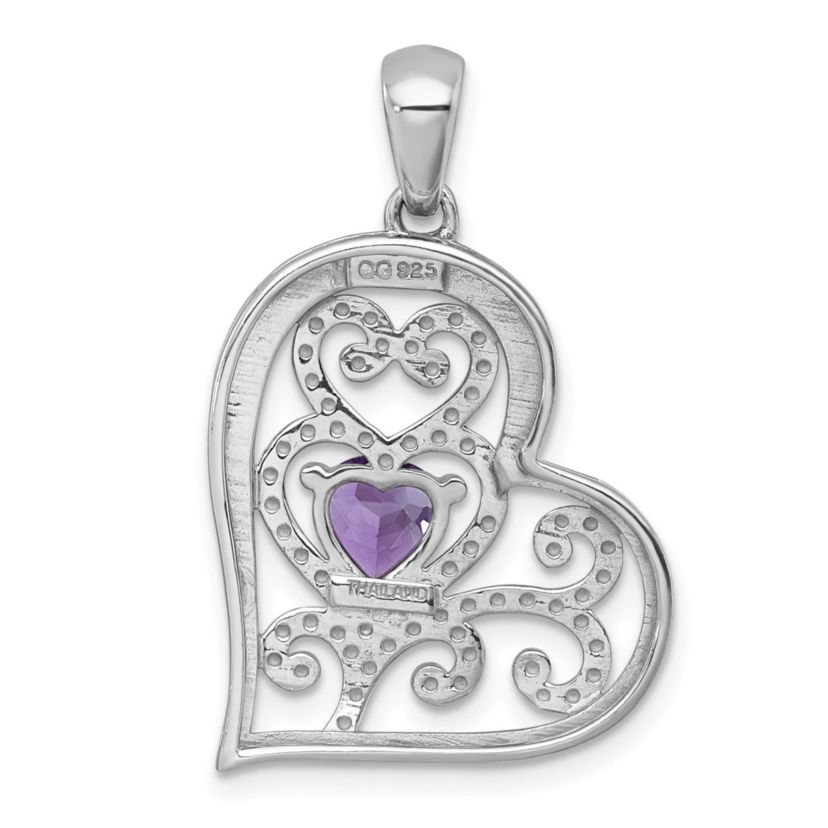 5/8 ct. t.w. Amethyst Polished and Beaded Open Heart Pendant in Rhodium-plated Sterling Silver
