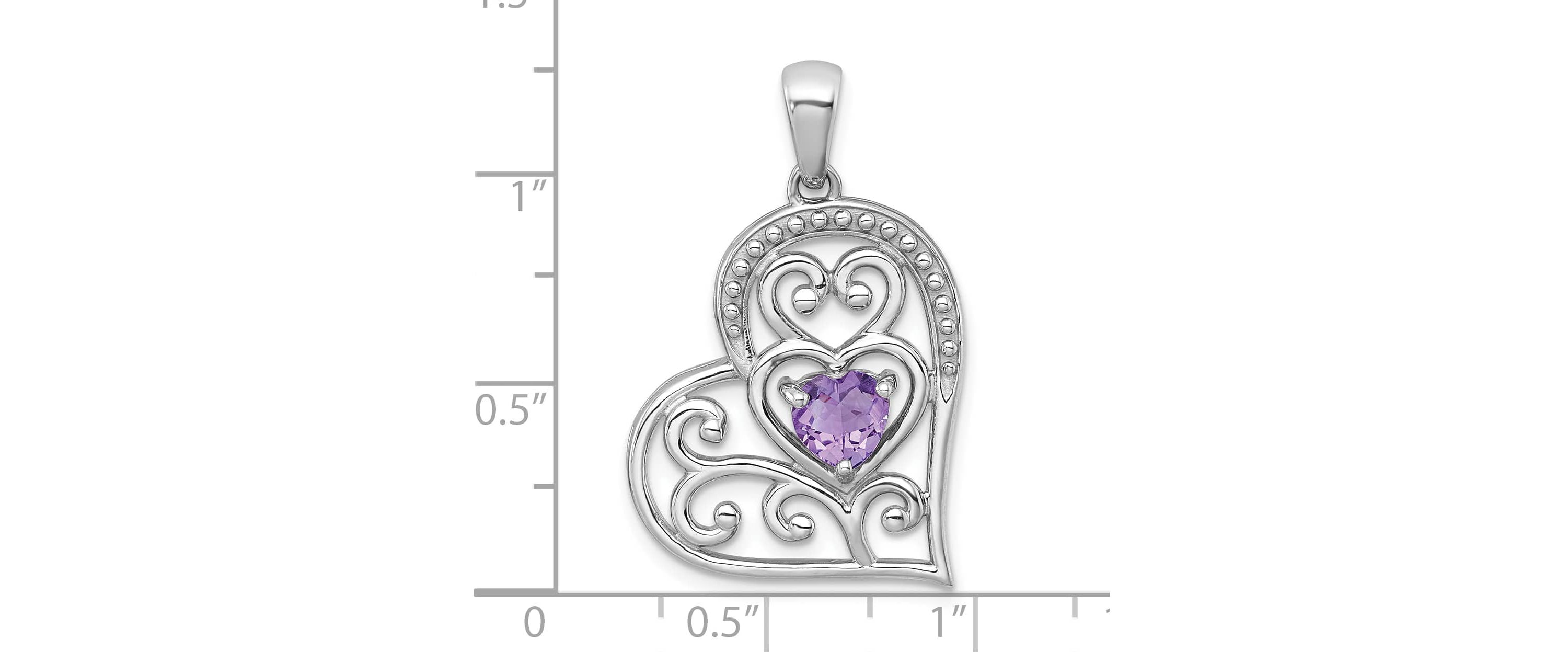 5/8 ct. t.w. Amethyst Polished and Beaded Open Heart Pendant in Rhodium-plated Sterling Silver