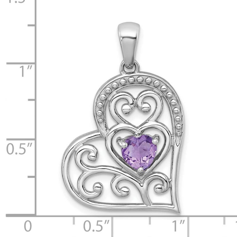 5/8 ct. t.w. Amethyst Polished and Beaded Open Heart Pendant in Rhodium-plated Sterling Silver