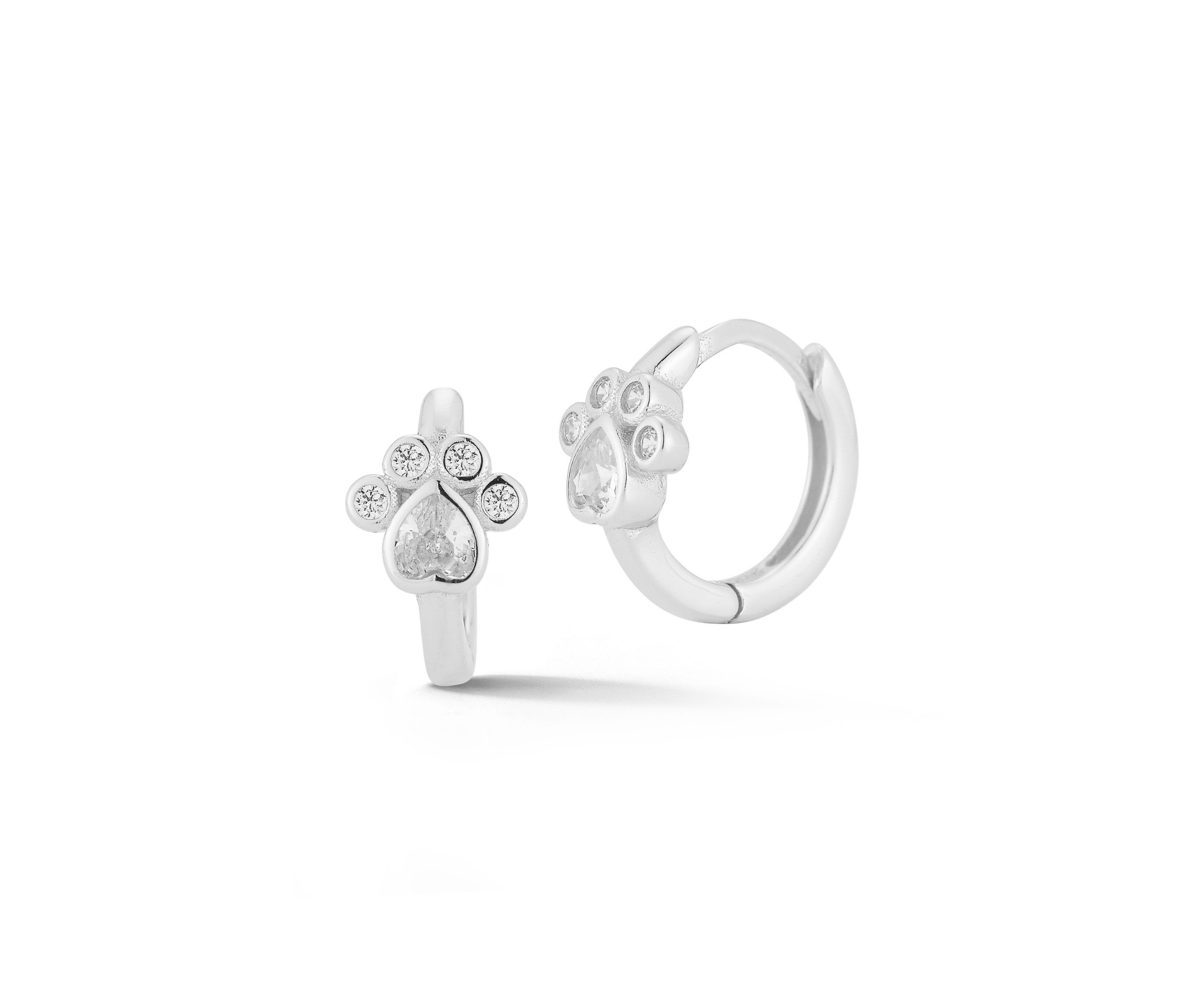 Sterling Silver Cubic Zirconia Paw Print Huggie Hoop Earrings