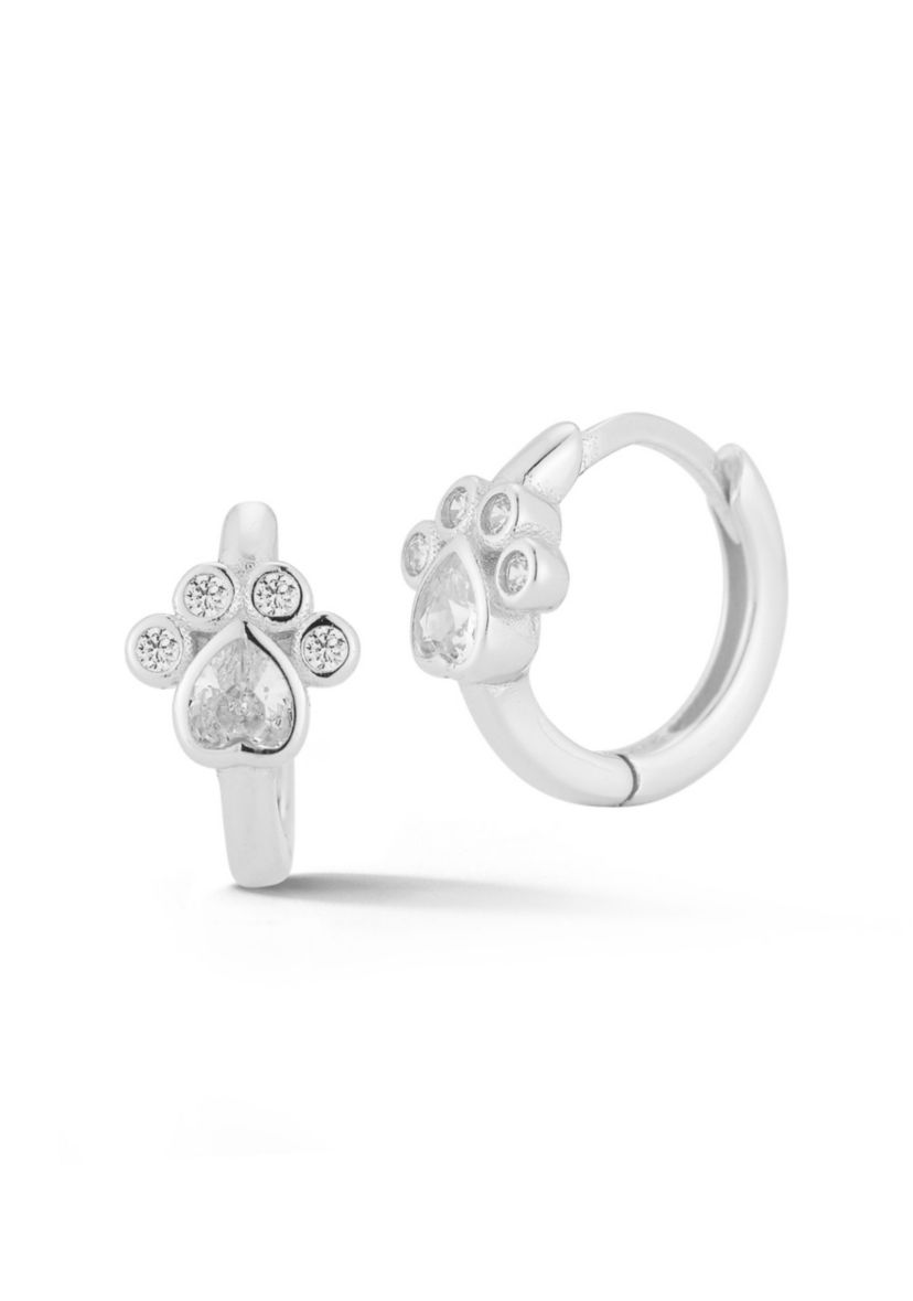 Sterling Silver Cubic Zirconia Paw Print Huggie Hoop Earrings