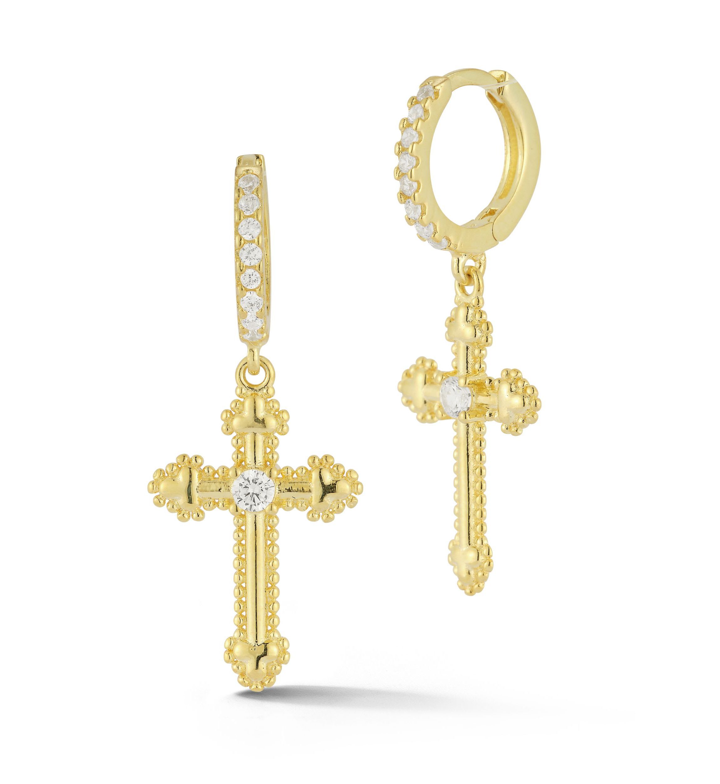 Sterling Silver Cubic Zirconia Budded Cross Charm Huggie Hoop Earrings