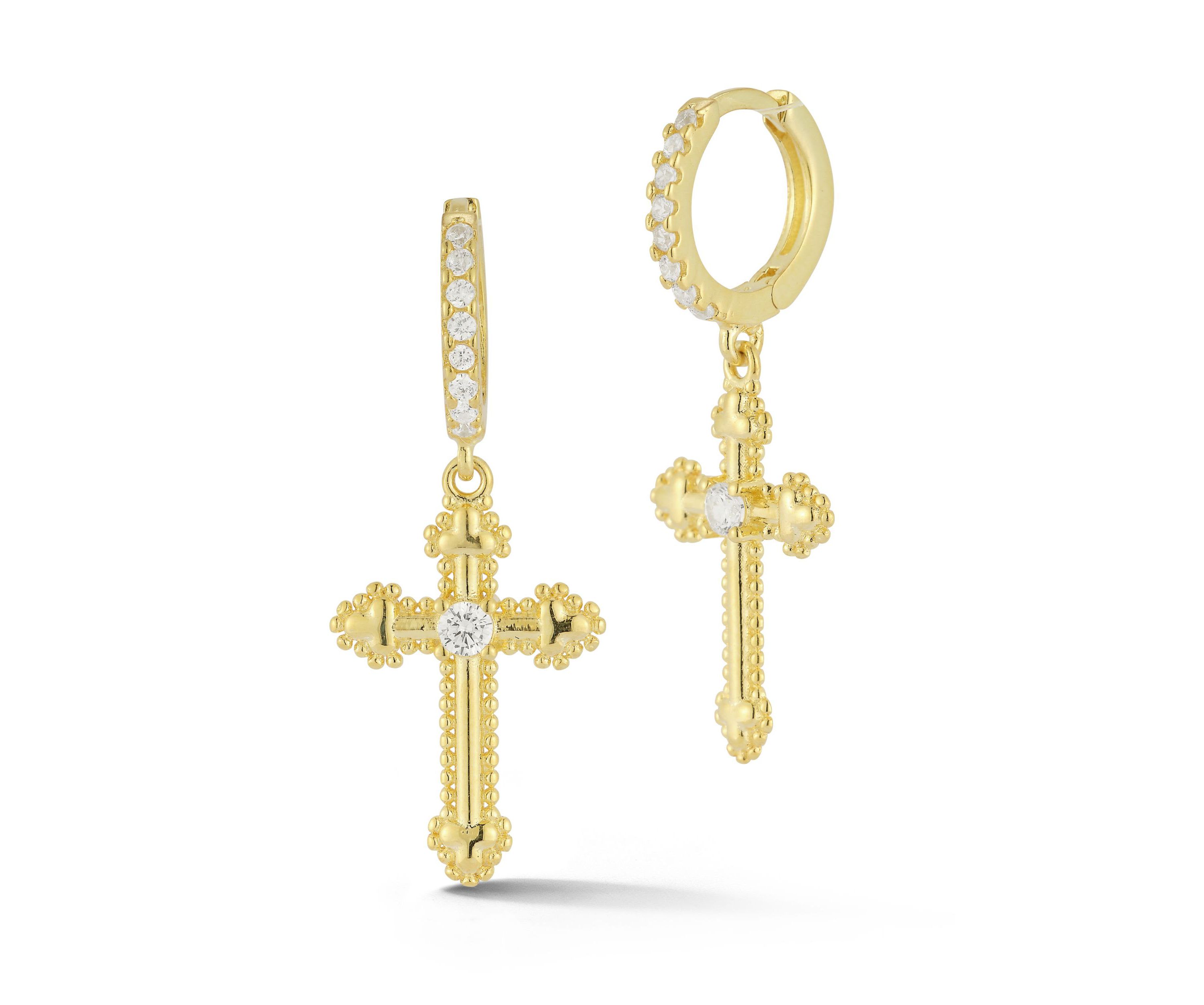 Sterling Silver Cubic Zirconia Budded Cross Charm Huggie Hoop Earrings