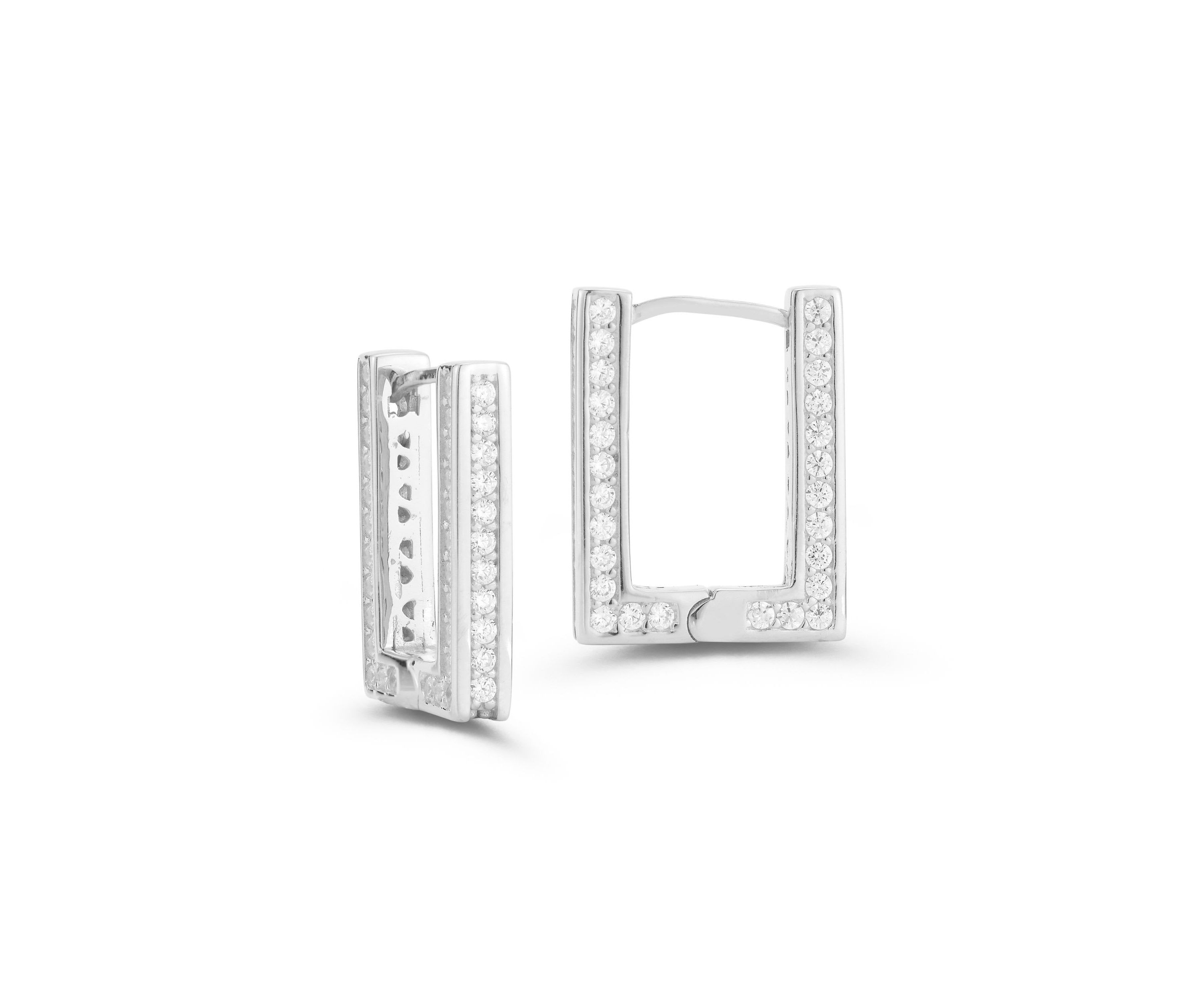 Sterling Silver Cubic Zirconia Small Rectangular Hoop Earrings