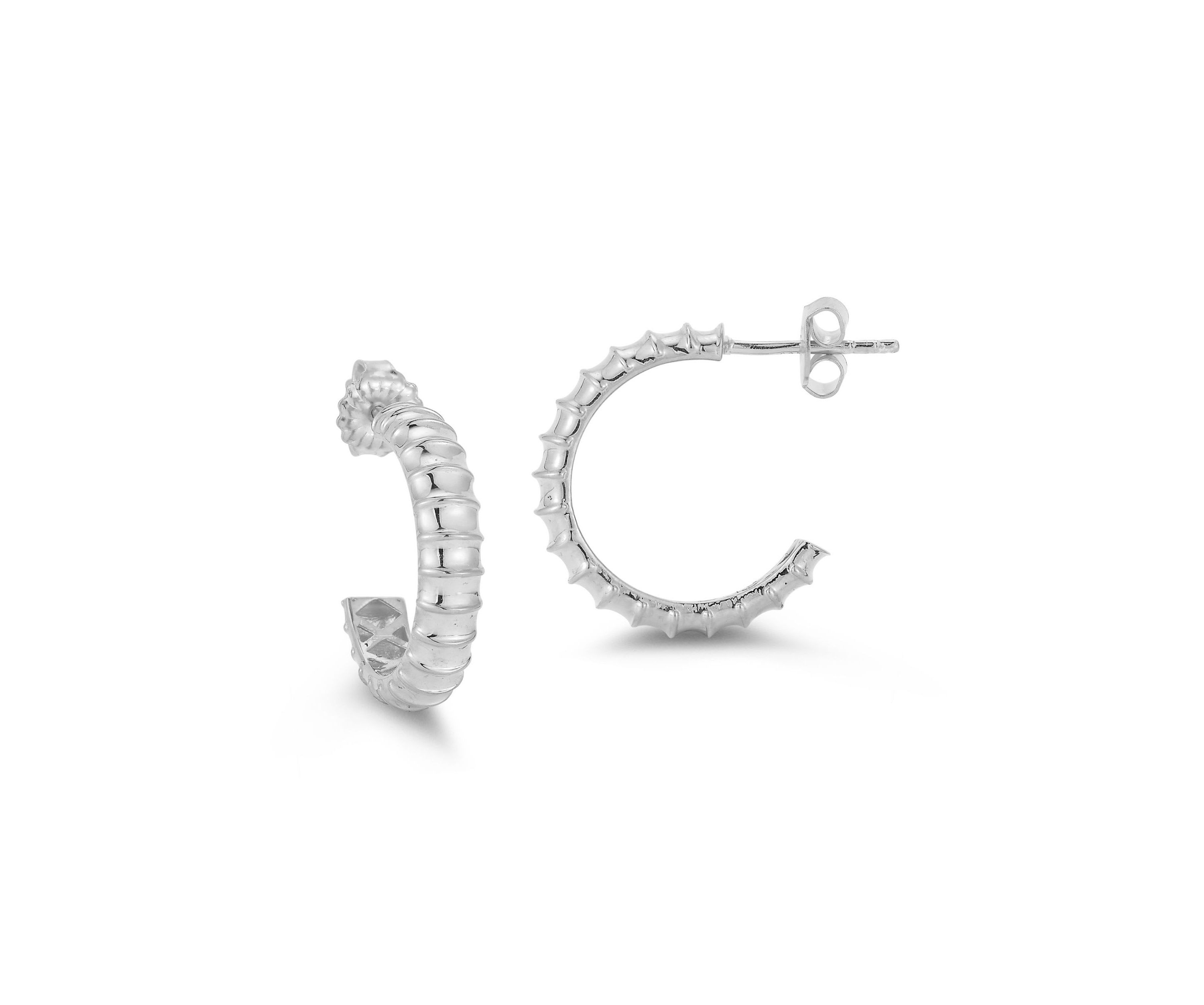 Sterling Silver Ribbed C Hoop Earrings