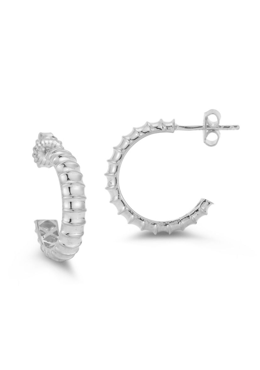 Sterling Silver Ribbed C Hoop Earrings