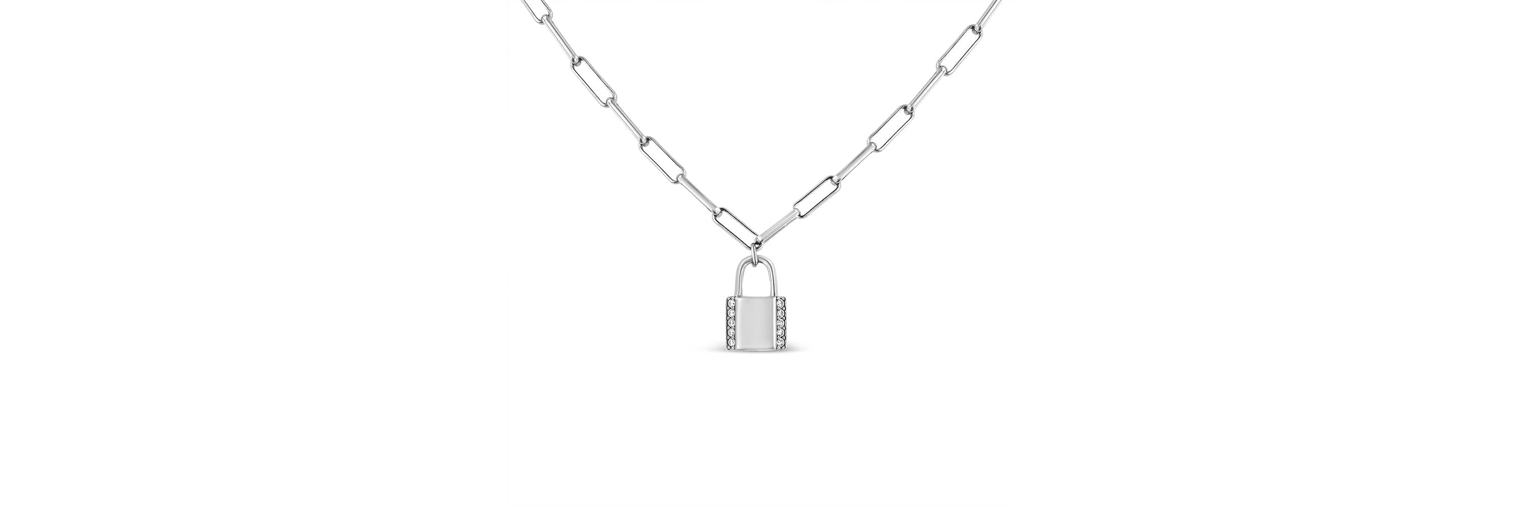 .925 Sterling Silver 1/10 Cttw Round Diamond Lock Pendant Paperclip Chain Necklace