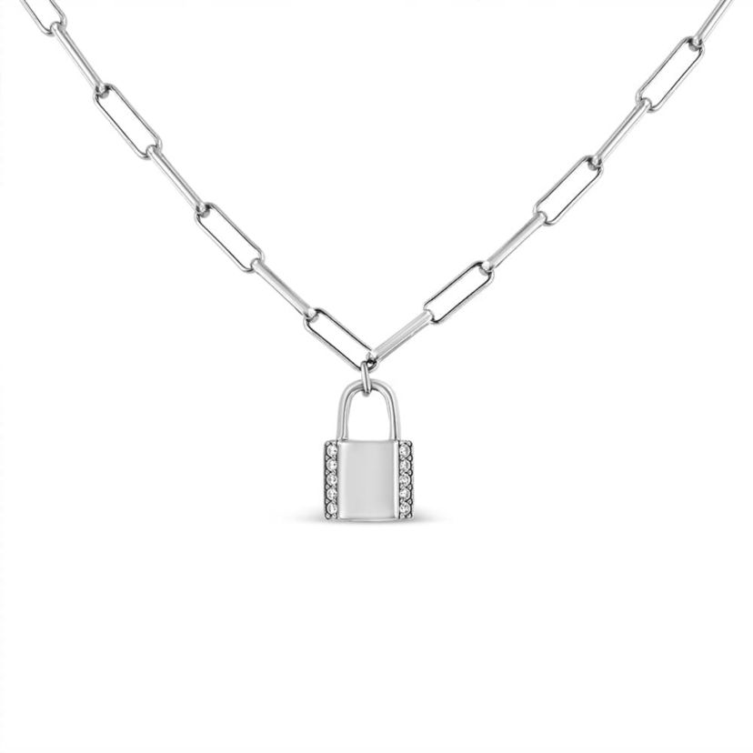.925 Sterling Silver 1/10 Cttw Round Diamond Lock Pendant Paperclip Chain Necklace