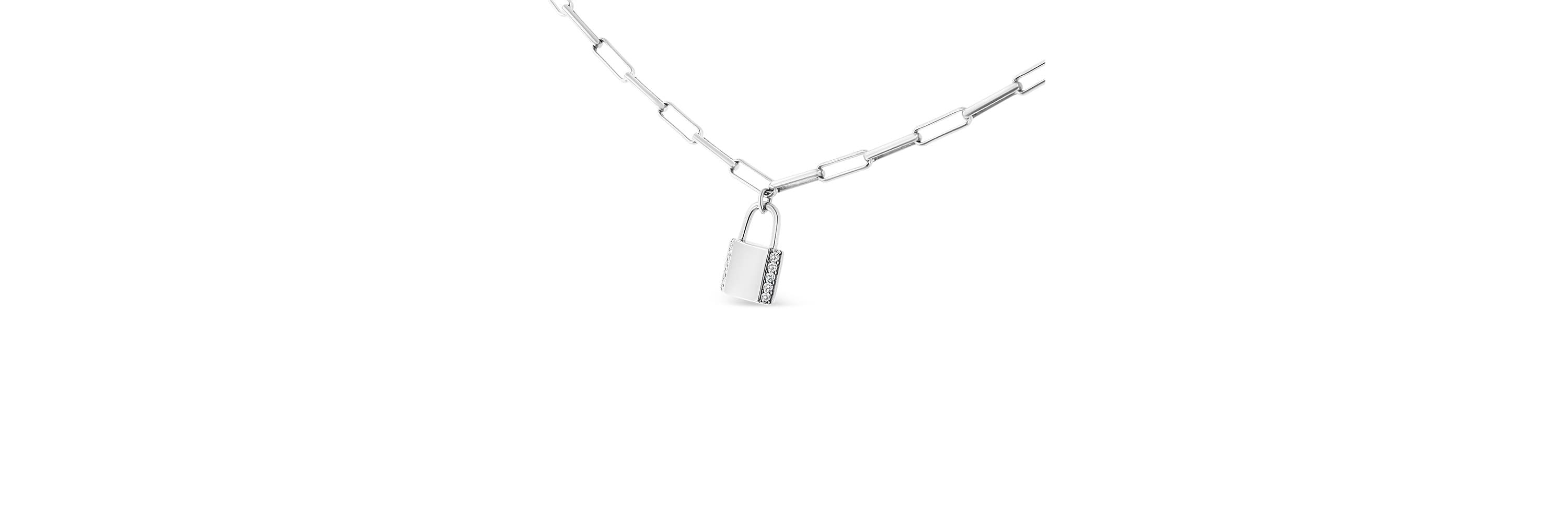 .925 Sterling Silver 1/10 Cttw Round Diamond Lock Pendant Paperclip Chain Necklace