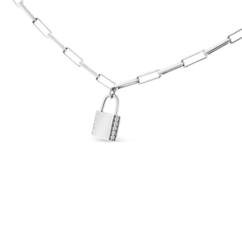 .925 Sterling Silver 1/10 Cttw Round Diamond Lock Pendant Paperclip Chain Necklace