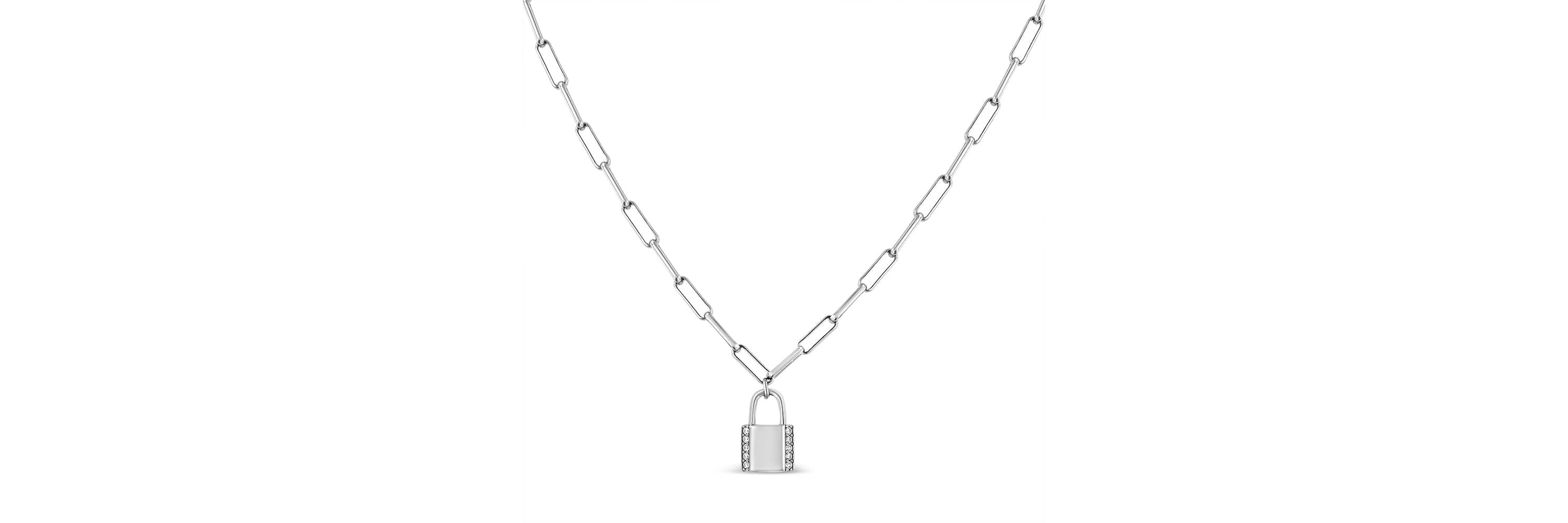 .925 Sterling Silver 1/10 Cttw Round Diamond Lock Pendant Paperclip Chain Necklace