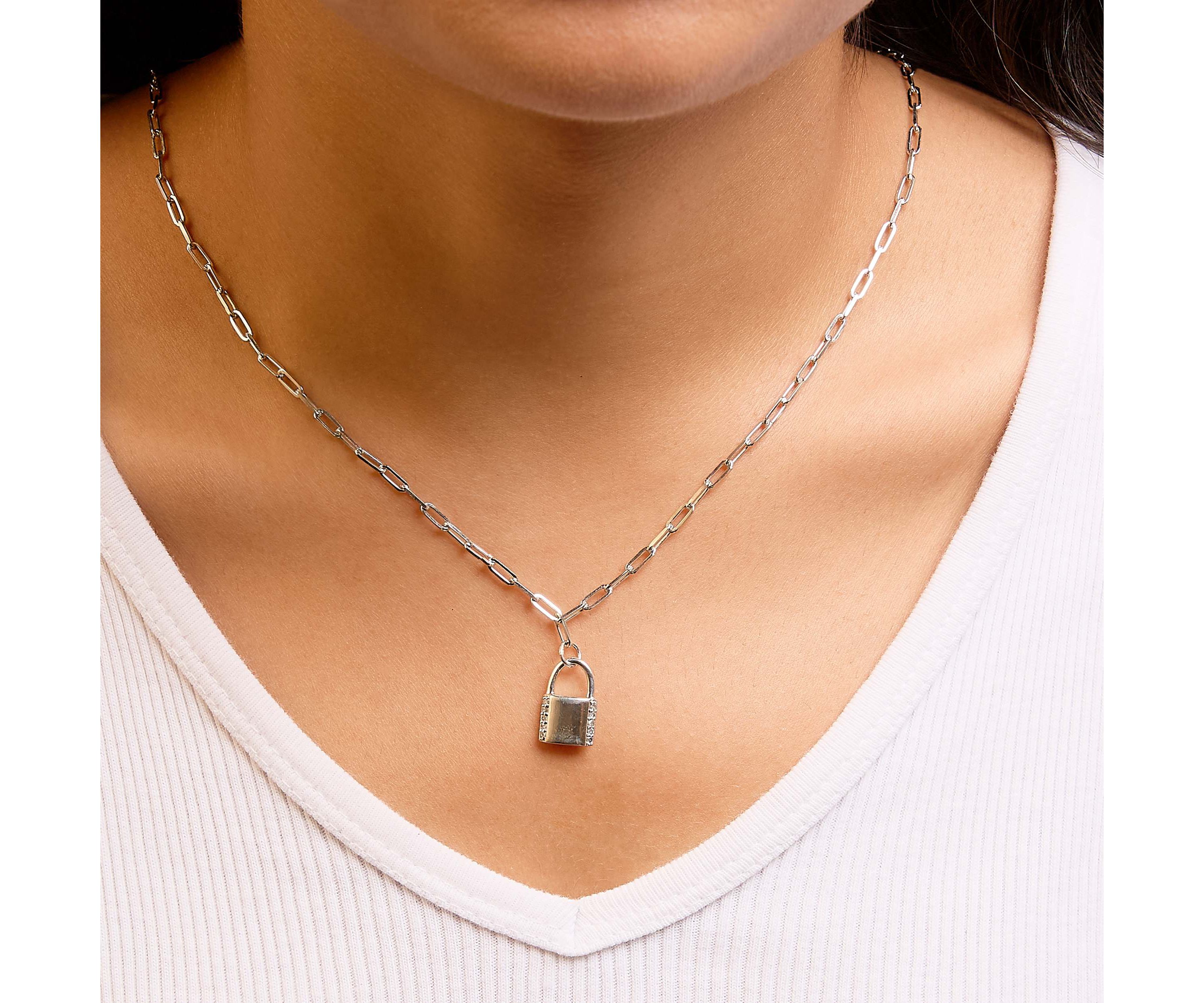 .925 Sterling Silver 1/10 Cttw Round Diamond Lock Pendant Paperclip Chain Necklace