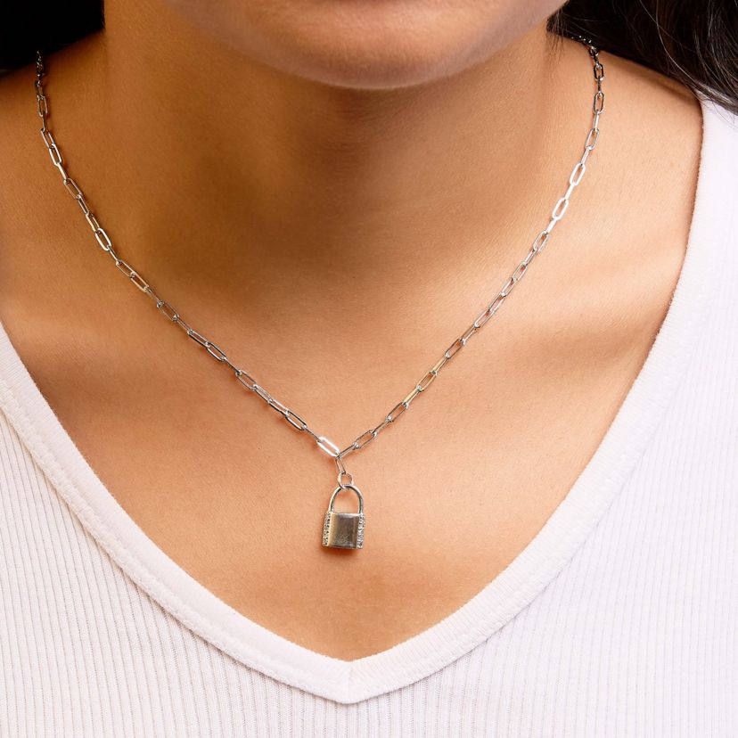 .925 Sterling Silver 1/10 Cttw Round Diamond Lock Pendant Paperclip Chain Necklace