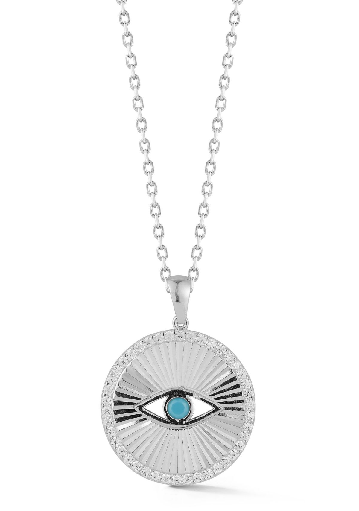 Sterling Silver Cubic Zirconia and Synthetic Turquoise Evil Eye Medallion Necklace