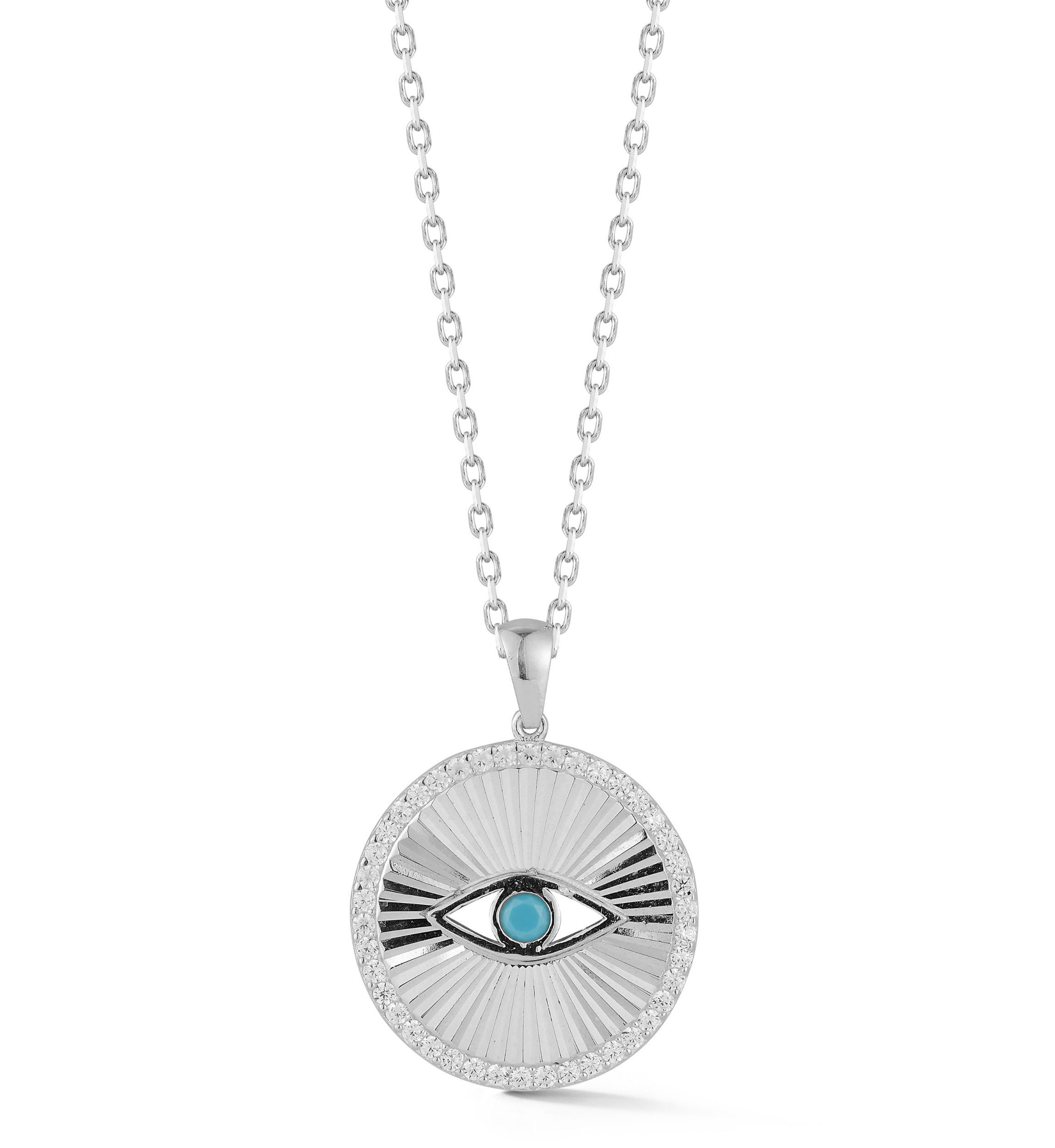 Sterling Silver Cubic Zirconia and Synthetic Turquoise Evil Eye Medallion Necklace