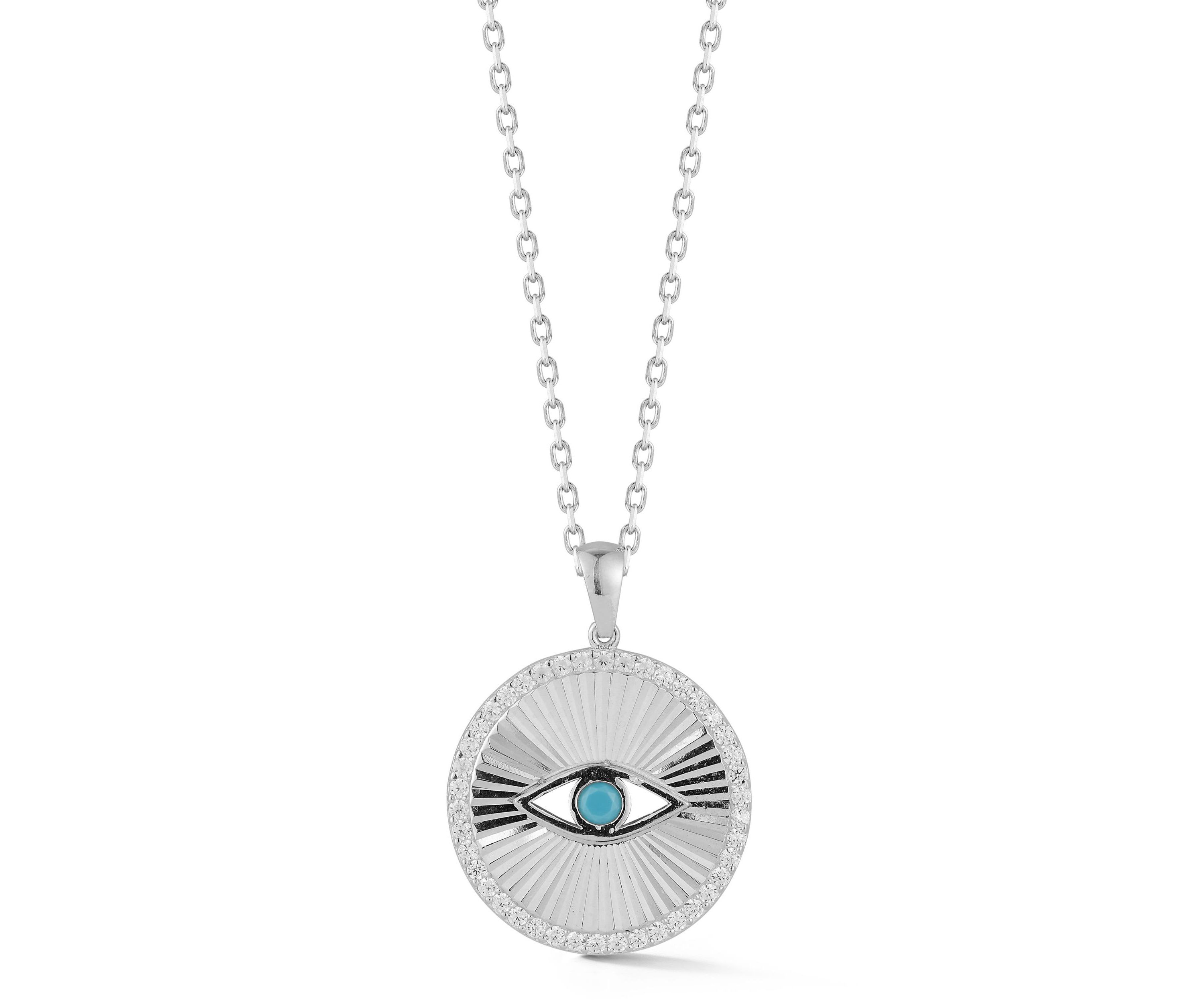 Sterling Silver Cubic Zirconia and Synthetic Turquoise Evil Eye Medallion Necklace