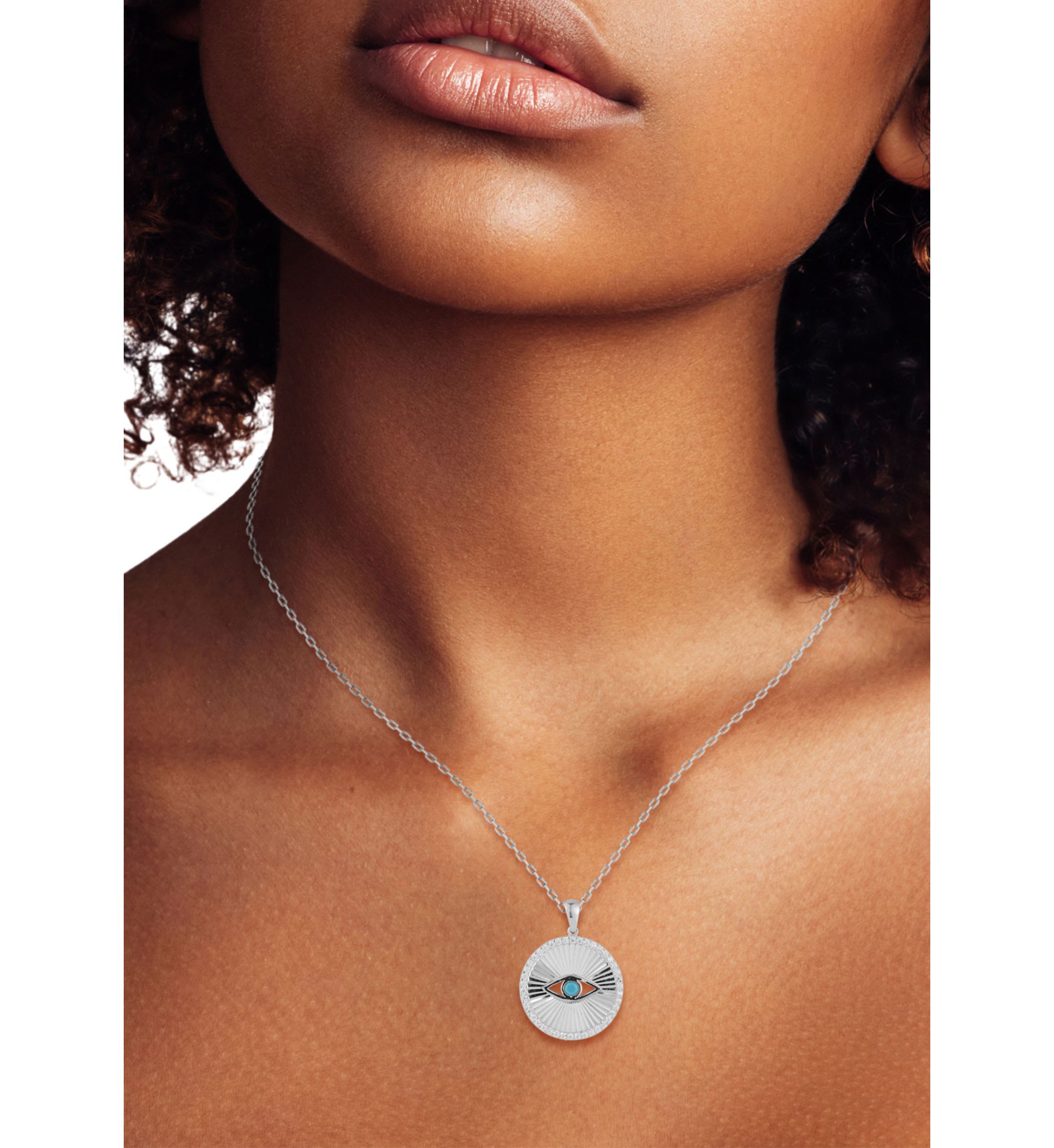Sterling Silver Cubic Zirconia and Synthetic Turquoise Evil Eye Medallion Necklace