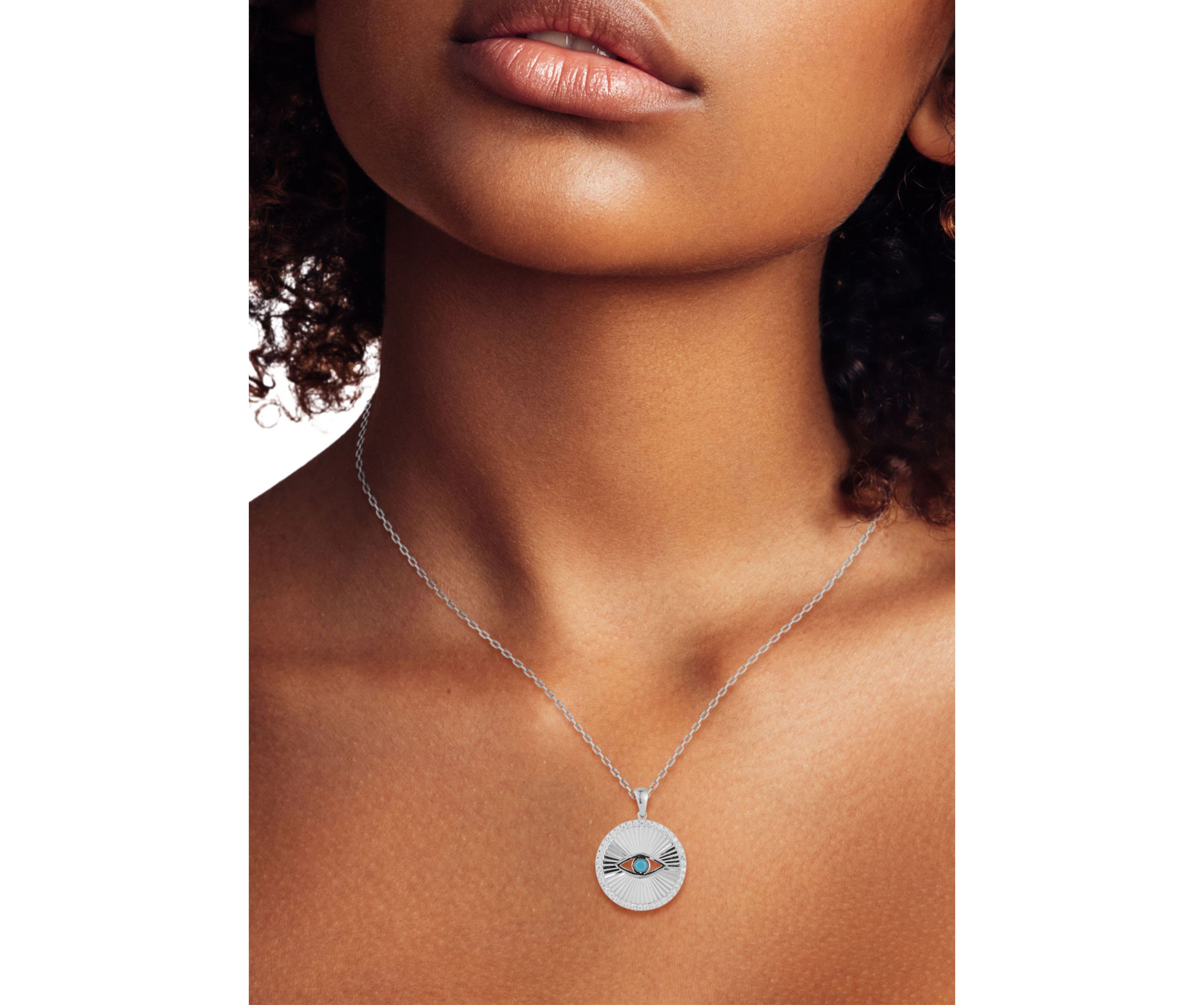 Sterling Silver Cubic Zirconia and Synthetic Turquoise Evil Eye Medallion Necklace