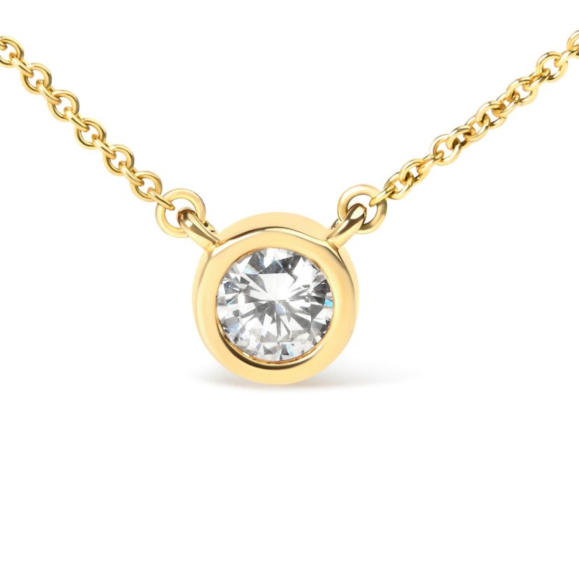 10K Gold 1/10 Cttw Diamond Modern Bezel-Set Solitaire 16"-18" Pendant Necklace