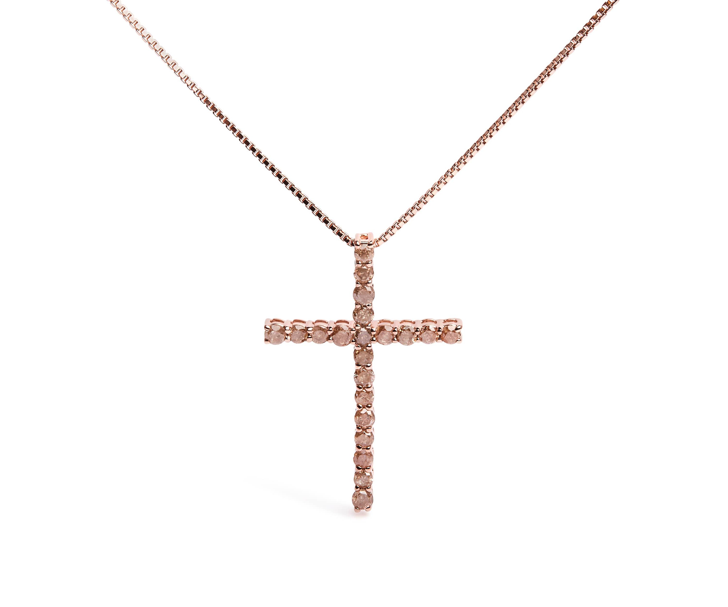 Silver 1.0 Cttw Champagne Diamond Gold Cross Pendant Necklace for Women- 18 inch