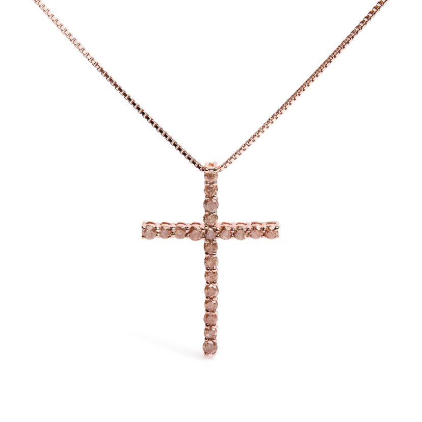 Silver 1.0 Cttw Champagne Diamond Gold Cross Pendant Necklace for Women- 18 inch