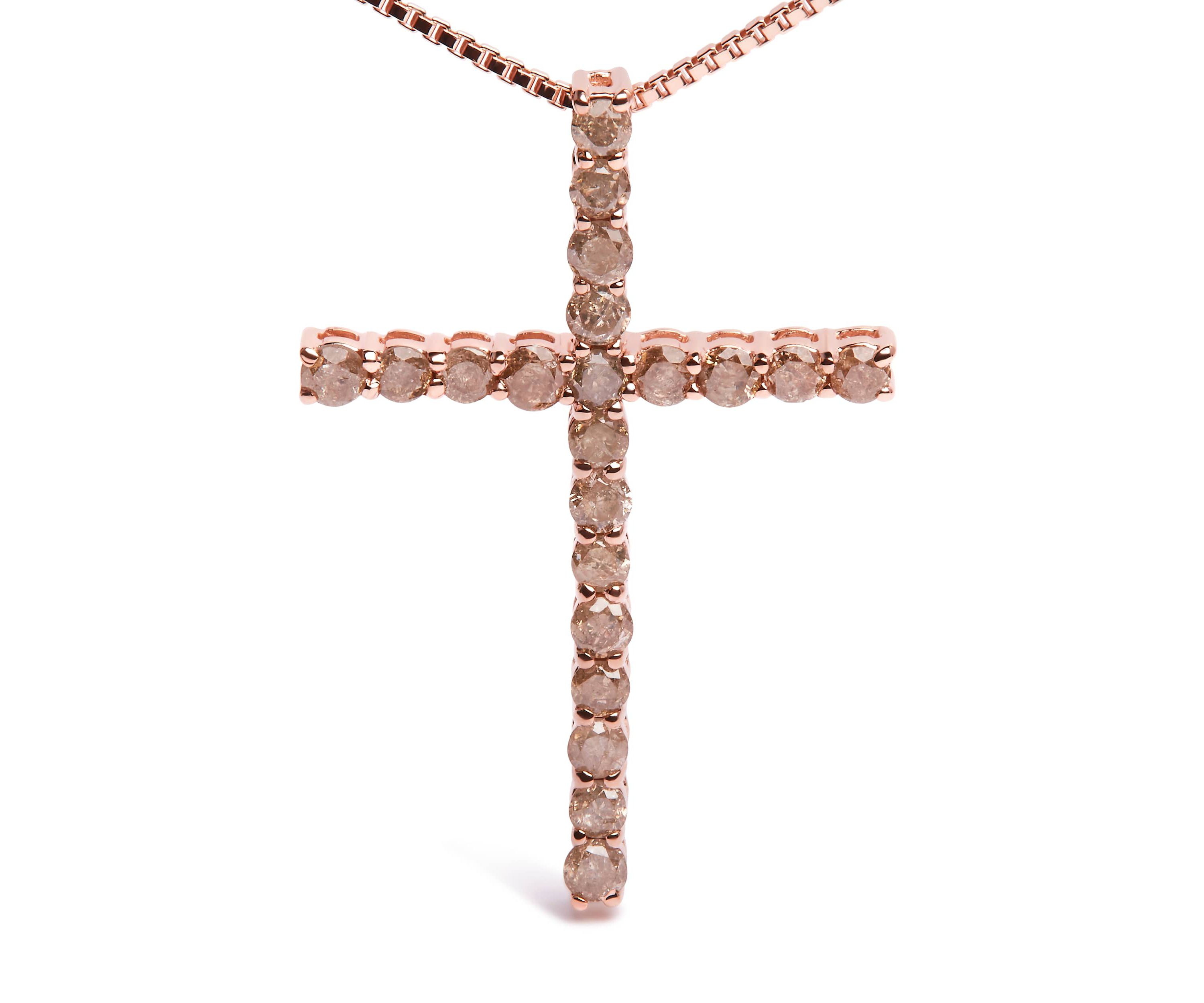 Silver 1.0 Cttw Champagne Diamond Gold Cross Pendant Necklace for Women- 18 inch