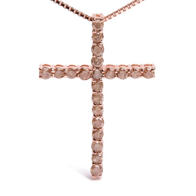 Silver 1.0 Cttw Champagne Diamond Gold Cross Pendant Necklace for Women- 18 inch