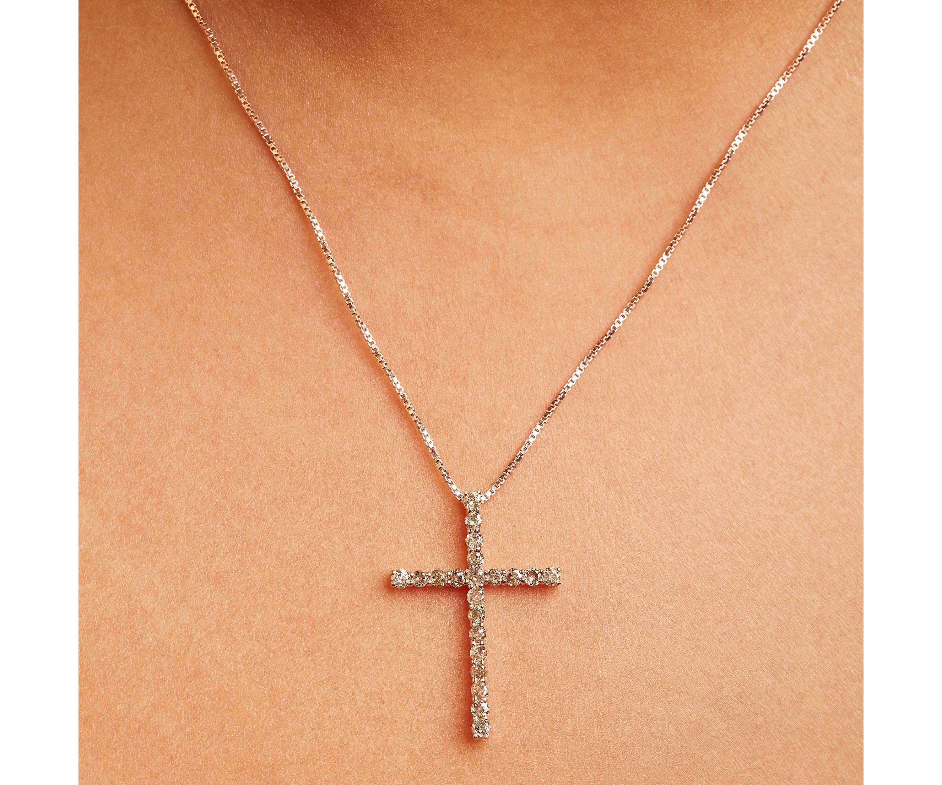 Silver 1.0 Cttw Champagne Diamond Gold Cross Pendant Necklace for Women- 18 inch