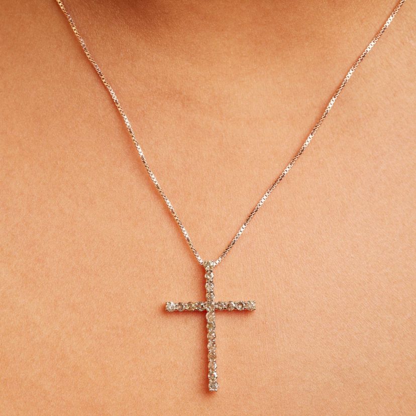 Silver 1.0 Cttw Champagne Diamond Gold Cross Pendant Necklace for Women- 18 inch