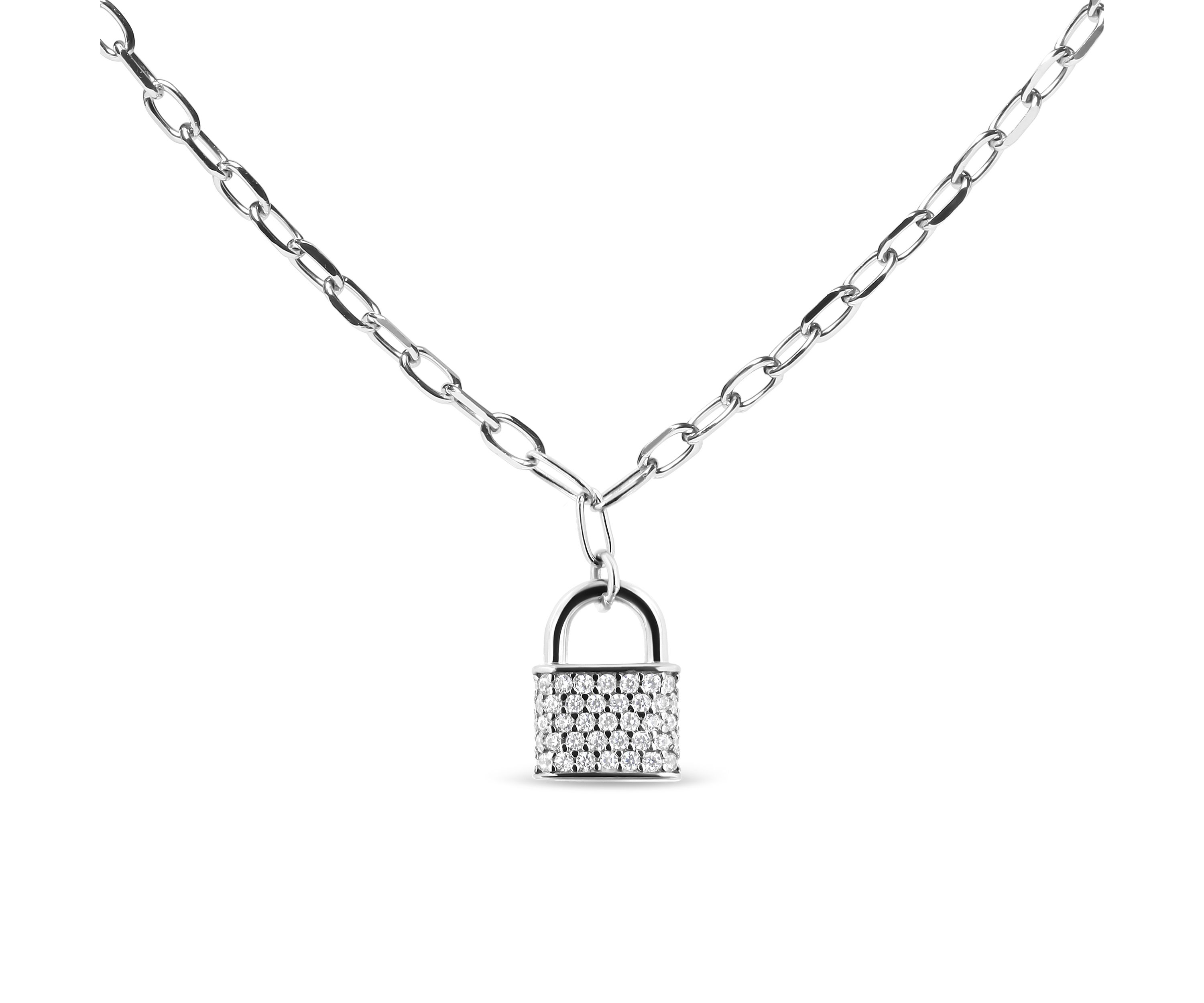 .925 Sterling Silver 1/4 Cttw Diamond Lock Pendant Necklace with Paperclip Chain