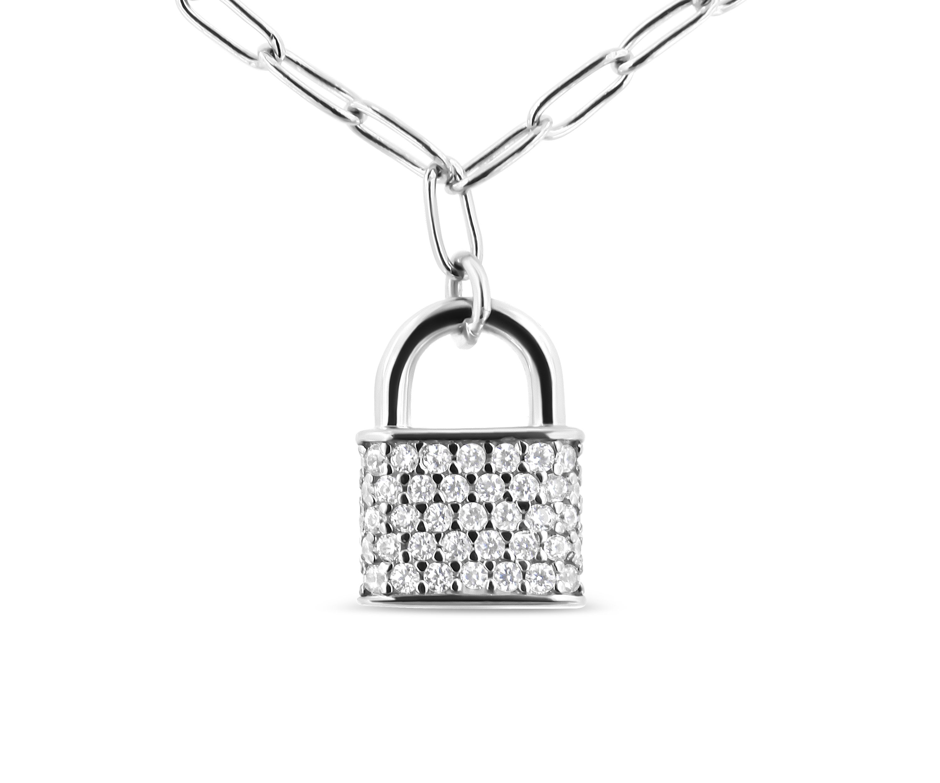 .925 Sterling Silver 1/4 Cttw Diamond Lock Pendant Necklace with Paperclip Chain