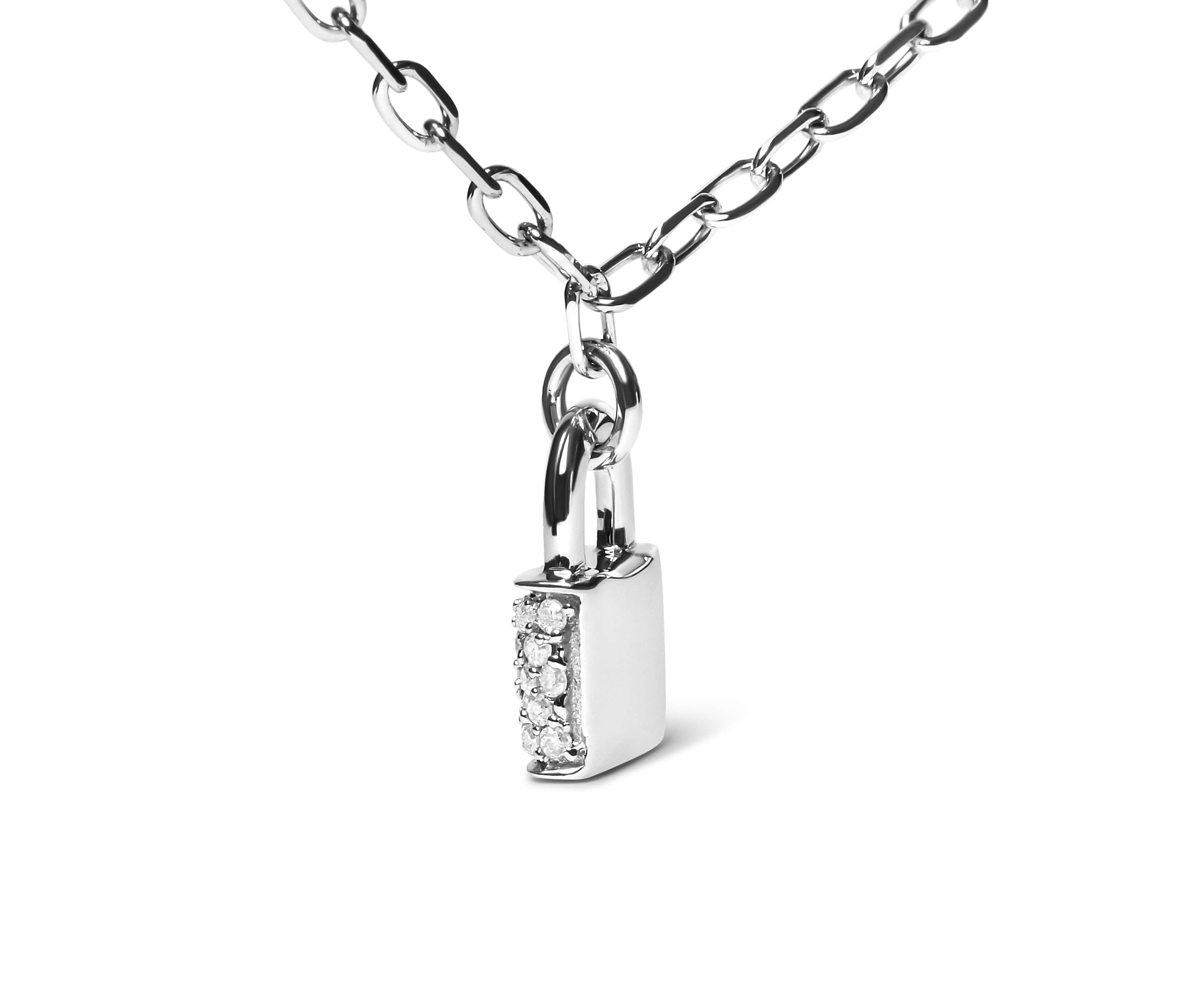 .925 Sterling Silver 1/4 Cttw Diamond Lock Pendant Necklace with Paperclip Chain