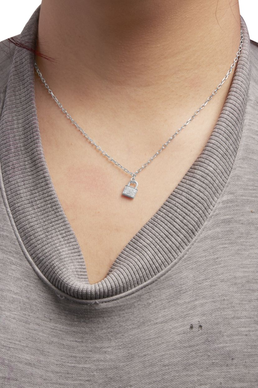 .925 Sterling Silver 1/4 Cttw Diamond Lock Pendant Necklace with Paperclip Chain