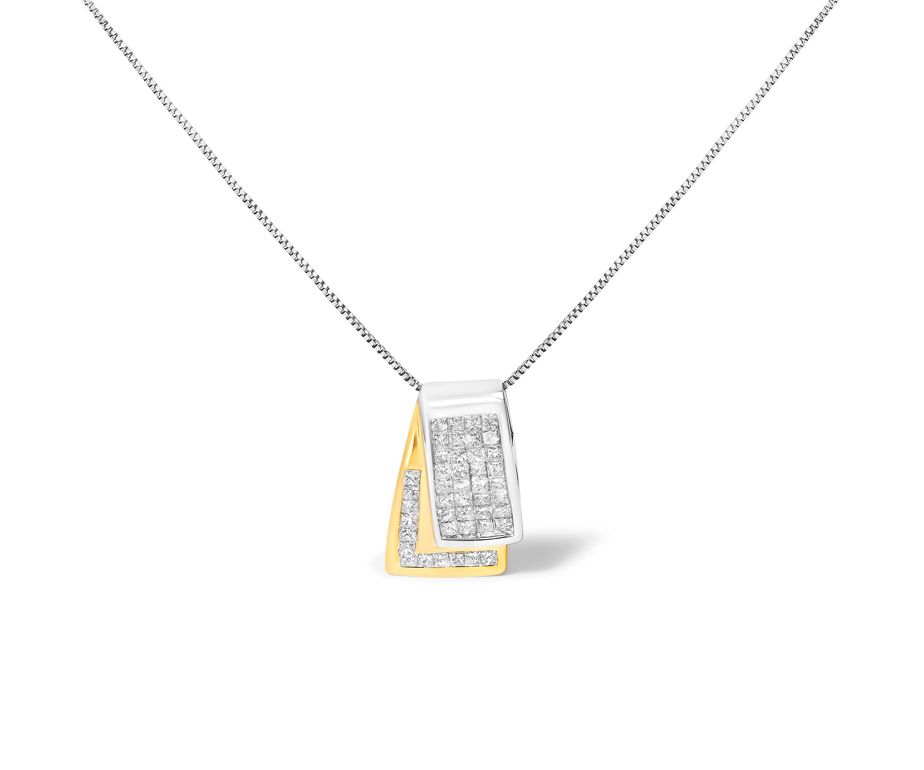 14K Gold 1.0 Cttw Diamond Two Tone Foldover Box Pendant 18” Box Chain Necklace