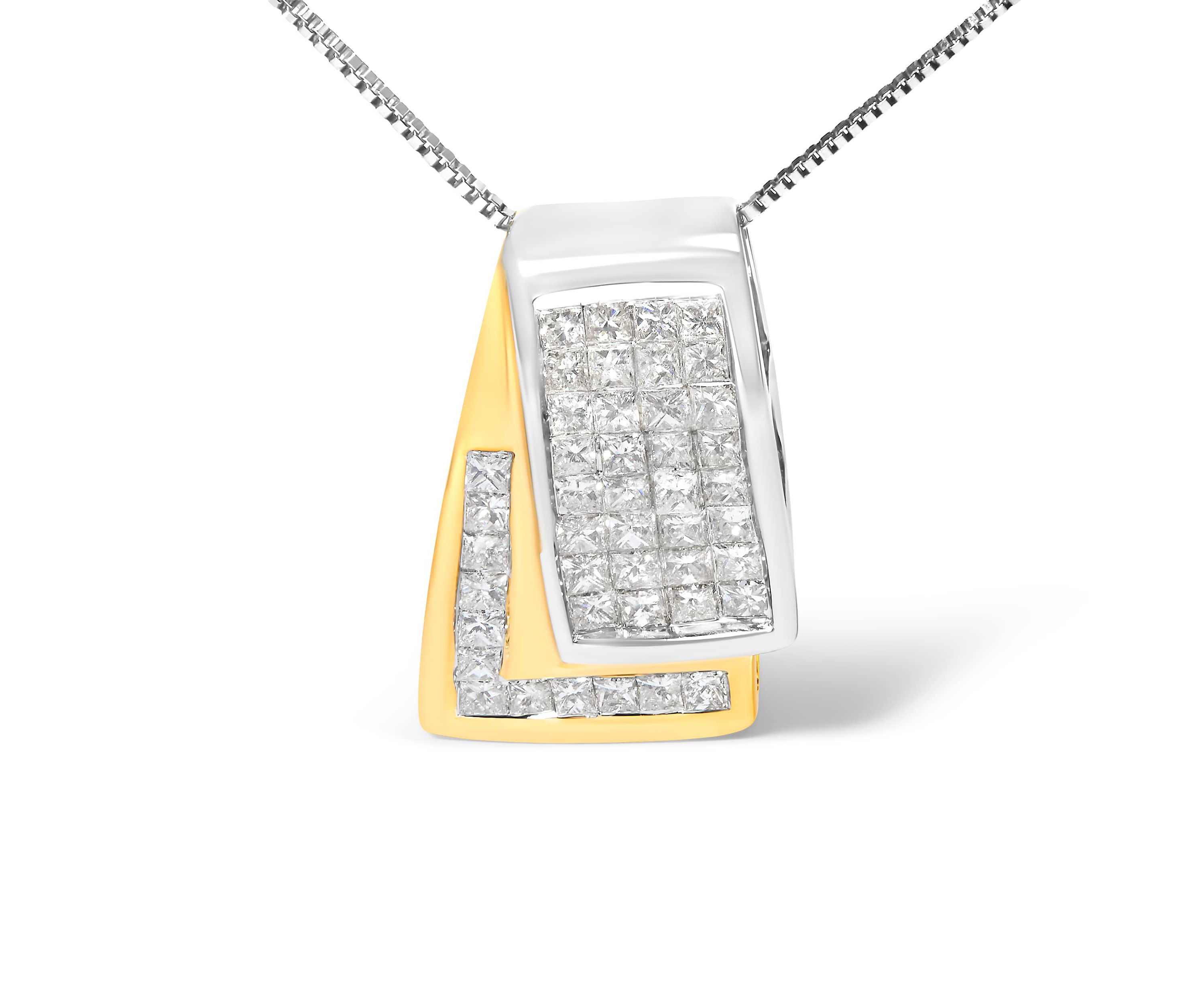 14K Gold 1.0 Cttw Diamond Two Tone Foldover Box Pendant 18” Box Chain Necklace
